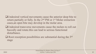 Undesired vertical movements cause the anterior deep bite to
return partially or fully. In the 2nd PM or 1st Molar extraction
cases,an open bite may develop in the molar area.
Undesired transverse movements cause the molars to roll out
buccally and rotate.this can lead to serious fumctional
disturbance.
 Root resorption possibilities are substantial during the 3rd
stage
20XX
Refined Begg For Modern Times.Dr.Vijay P.
Jayade.1st edition.Sept.2001 81
 