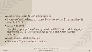 20XX
Refined Begg For Modern Times.Dr.Vijay P.
Jayade.1st edition.Sept.2001 84
Lighter auxiliaries & Uprighting springs.
• Because of reduced need to torque the incisor roots– 2 spur auxiliary is
used. (2,4 & 6)
• 0.012 wire used.
• Uprighting springs “mini” springs made in 0.009” wire, while slightly
bigger coils 0.012” wire for canines & PM’s and 0.010” size for
incisors.
Light Class II elastics. (yellow)
• Because of lighter reciprocal actions.
 