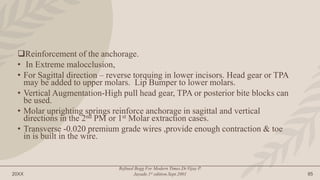 20XX
Refined Begg For Modern Times.Dr.Vijay P.
Jayade.1st edition.Sept.2001 85
Reinforcement of the anchorage.
• In Extreme malocclusion,
• For Sagittal direction – reverse torquing in lower incisors. Head gear or TPA
may be added to upper molars. Lip Bumper to lower molars.
• Vertical Augmentation-High pull head gear, TPA or posterior bite blocks can
be used.
• Molar uprighting springs reinforce anchorage in sagittal and vertical
directions in the 2nd PM or 1st Molar extraction cases.
• Transverse -0.020 premium grade wires ,provide enough contraction & toe
in is built in the wire.
 