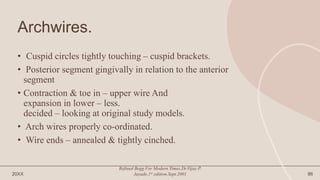 Archwires.
• Cuspid circles tightly touching – cuspid brackets.
• Posterior segment gingivally in relation to the anterior
segment
• Contraction & toe in – upper wire And
expansion in lower – less.
decided – looking at original study models.
• Arch wires properly co-ordinated.
• Wire ends – annealed & tightly cinched.
20XX
Refined Begg For Modern Times.Dr.Vijay P.
Jayade.1st edition.Sept.2001 86
 