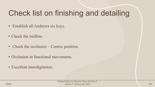 Check list on finishing and detailing
• Establish all Andrews six keys.
• Check the midline.
• Check the occlusion – Centric position.
• Occlsuion in functional movements.
• Excellent interdigitation.
20XX
Refined Begg For Modern Times.Dr.Vijay P.
Jayade.1st edition.Sept.2001 94
 