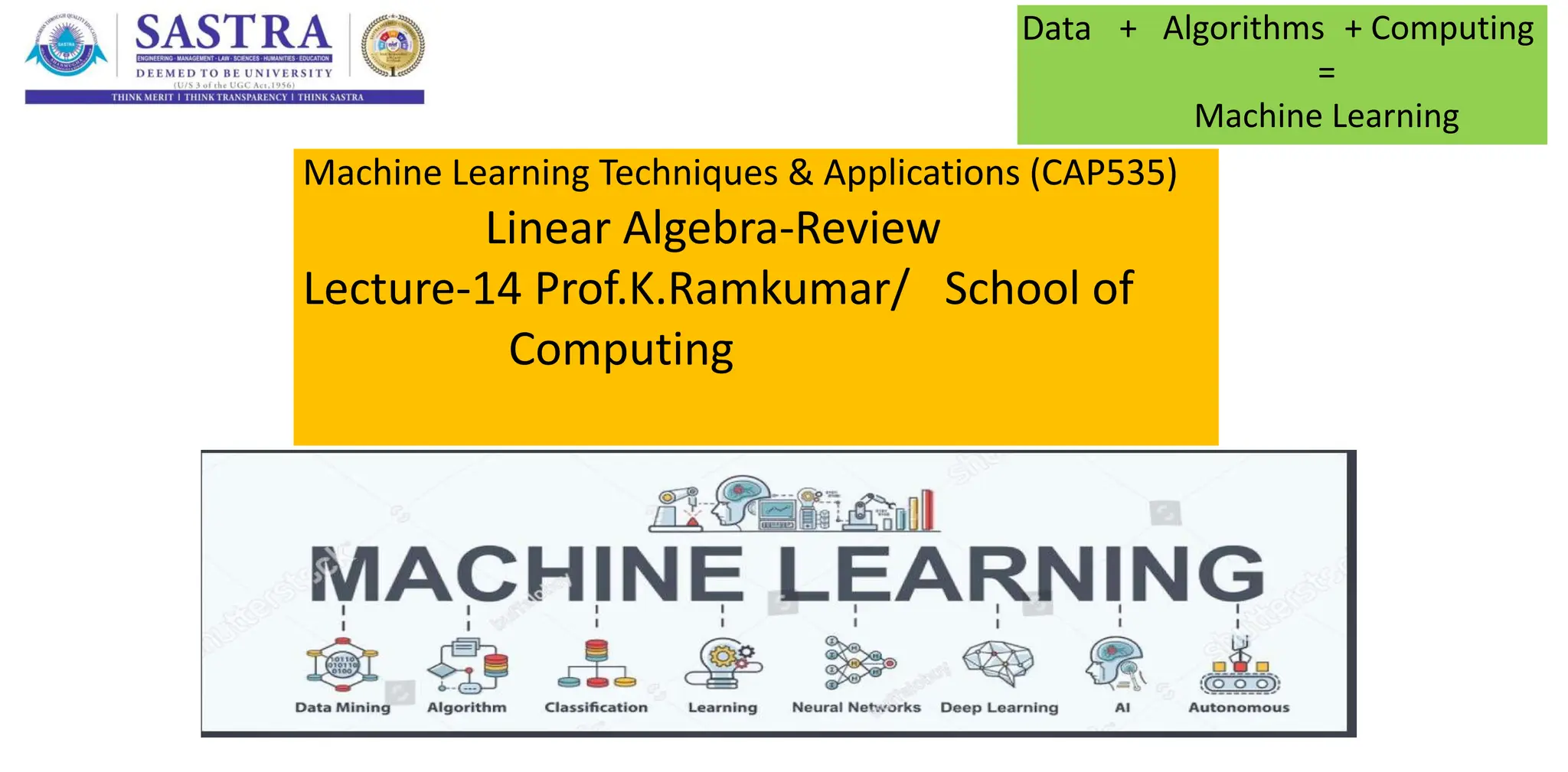 Machine Learning Techniques & Applications (CAP535)
Linear Algebra-Review
Lecture-14 Prof.K.Ramkumar/ School of
Computing
Data + Algorithms + Computing
=
Machine Learning