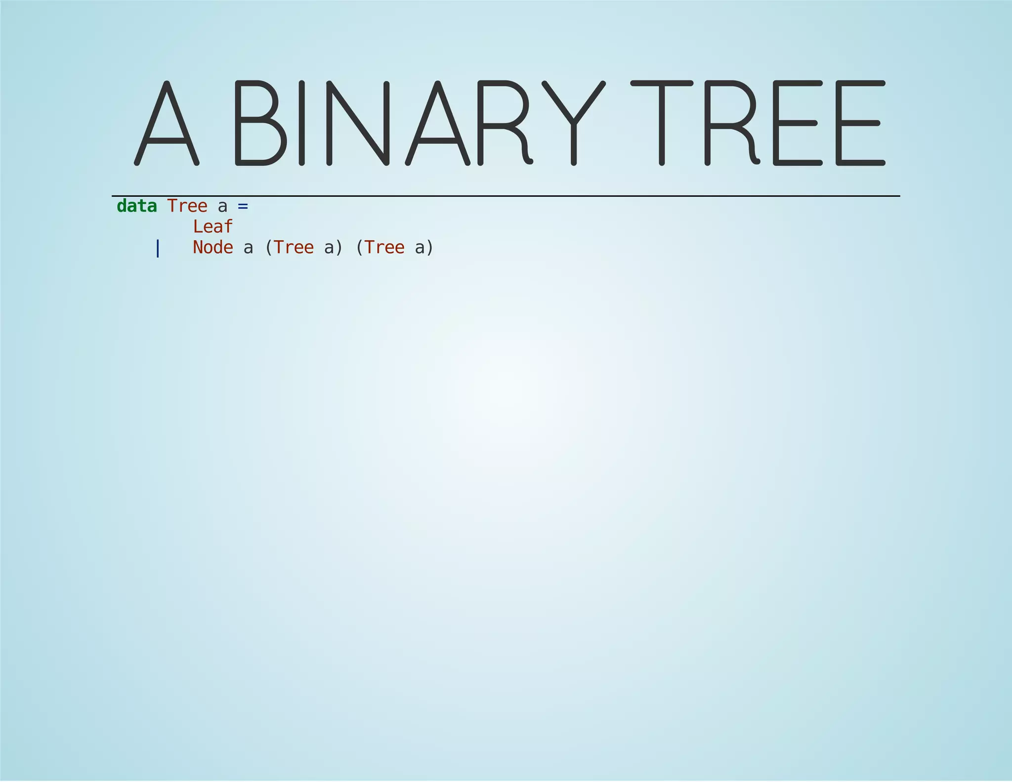A BINARY TREE 
data Tree a = 
Leaf 
| Node a (Tree a) (Tree a) 
 