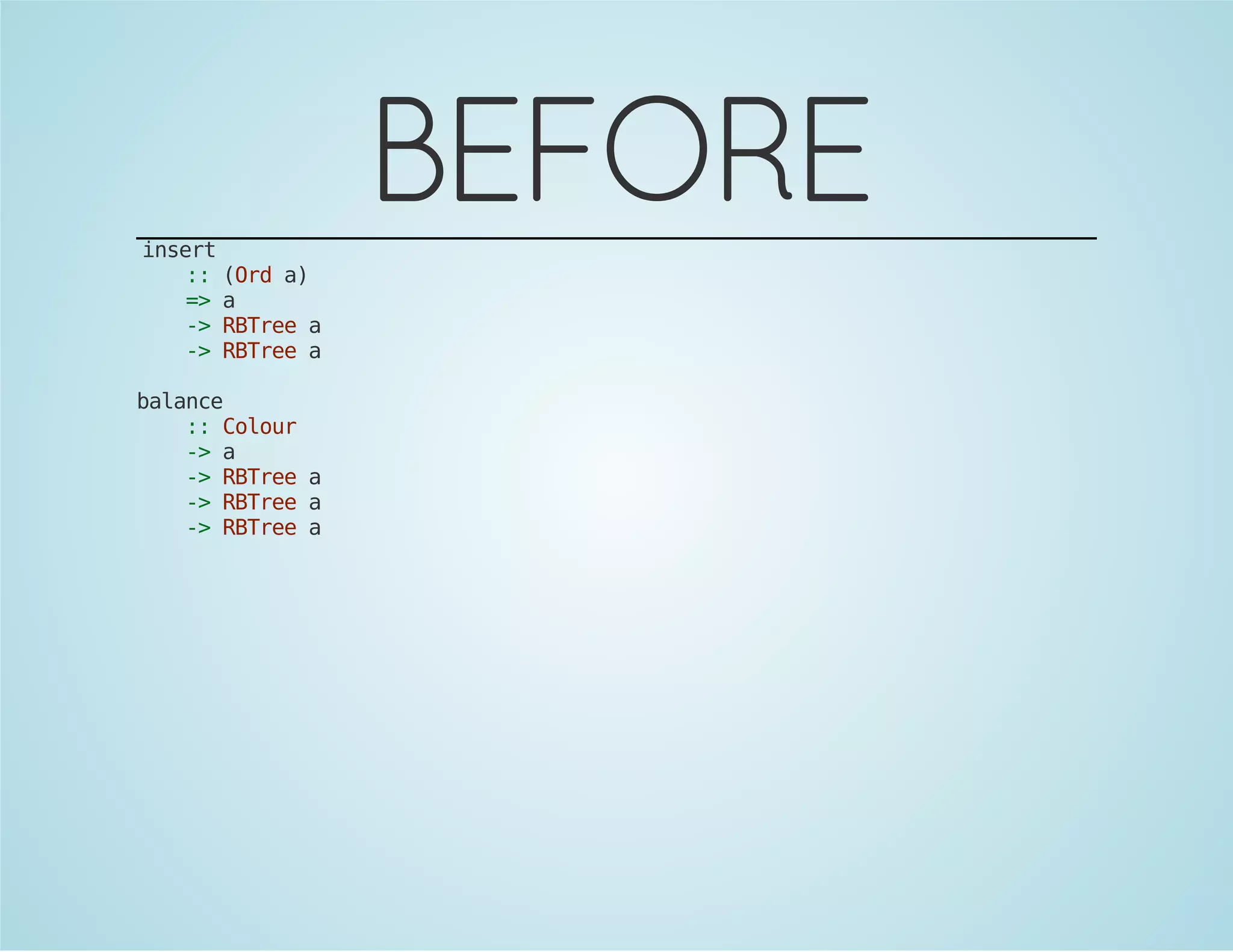 BEFORE 
insert 
:: (Ord a) 
=> a 
-> RBTree a 
-> RBTree a 
balance 
:: Colour 
-> a 
-> RBTree a 
-> RBTree a 
-> RBTree a 
 