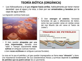 TEORÍA BIÓTICA (ORGÁNICA) 
• Los hidrocarburos y el gas migran hacia arriba, habitualmente por tener menor 
densidad que el agua y la roca, o bien por ser arrastrados y lavados por la 
capa de agua inferior. 
La migración continúa hasta que: 
• O bien emergen al exterior, formando 
fumarolas de gas o afloraciones de betún, 
como las que pueden verse en ciertas zonas 
del mar Muerto (de ahí viene el “betún de 
Judea”): 
• O bien quedan atrapadas por una 
roca impermeable, llamada roca 
“sello” o “trampa” (típicamente rocas 
salinas en antiguas cuencas marinas 
o bien rocas arcillosas en antiguas cuencas fluviales). 
La roca en la que el petróleo y el gas quedan impregnados se llama roca “almacén” y tiene 
una importancia fundamental. De sus características físicas y químicas depende la cantidad 
de petróleo que se podrá extraer de un yacimiento. 
 