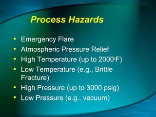 Process Hazards
•
•
•
•

Emergency Flare
Atmospheric Pressure Relief
High Temperature (up to 2000oF)
Low Temperature (e.g., Brittle
Fracture)
• High Pressure (up to 3000 psig)
• Low Pressure (e.g., vacuum)

 