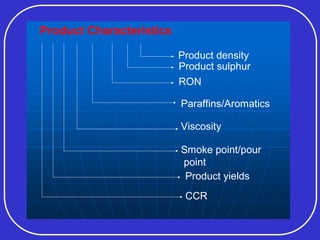 Product Characteristics
Product density
Product sulphur
RON
Paraffins/Aromatics
Smoke point/pour
point
Product yields
CCR
Viscosity
 