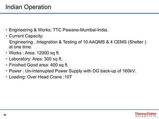 Engineering & Works: TTC Pawane-Mumbai-India. Current Capacity: Engineering , Integration & Testing of 10 AAQMS & 4 CEMS (Shelter ) at one time. Works : Area: 12000 sq ft. Laboratory: Area: 300 sq ft. Finished Good area: 400 sq ft. Power : Un-Interrupted Power Supply with DG back-up of 160kV. Loading: Over Head Crane :10T Indian Operation 