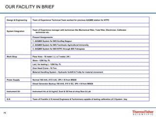 OUR FACILITY IN BRIEF Team of Franklin U S trained Engineers & Technicians capable of testing calibration of 3 System / day Q A      Instrument Air at 4.6 kg/m2, Dust & Oil free at shop floor & Lab Instrument Air   Diesel Generator Backup 160 kVA, 415 V AC, 3Ph + N from MSEB   Normal 160 kVA, 415 V AC, 3Ph + N from MSEB Power Supply   Material Handling System - Hydraulic forklift & Trolly for material movement Over Head Crane - 10 Ton. Lab ( for testing ) - 1200 Sq. Ft. Store - 1200 Sq. Ft.   Floor Area - 16 meter ( L ) x 7 meter ( W ) Work Shop   3. AAQMS System for M/S NTPC through M/S Yokogawa 2. AAQMS System for M/S Tamilnadu Agricultural University. 1. AAQMS System for M/S Sunflag Nagpur. Present Assignments:   Team of Experience manager with technician like Mechanical fitter, Tube fitter, Electrician, Calibrator  technician etc. System Integration     Team of Experience Technical Team worked for previous AAQMS station for NTPC Design & Engineering 