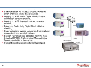 Smart & Simple Numerical Data Collection & Control Communication via RS232C/USB/TCPIP to the smart analyzers (multi-drop available). Logging up to 48 bits of Digital Monitor Status information per each channel. Logging up to 32 diagnostic values per each channel. Enhanced QA tools by Digital Monitor Status checking. Communications bypass feature for direct analyzer connection from  remote locations. Support Numerical data collection from the most typical AQM/CEM Analyzers and Meteorological Sensors available in the market. Control Smart Calibrator units via RS232 port 