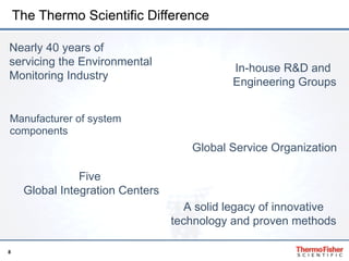 The Thermo Scientific Difference Manufacturer of system  components Global Service Organization Nearly 40 years of  servicing the Environmental Monitoring Industry  In-house R&D and  Engineering Groups Five  Global Integration Centers A solid legacy of innovative technology and proven methods 