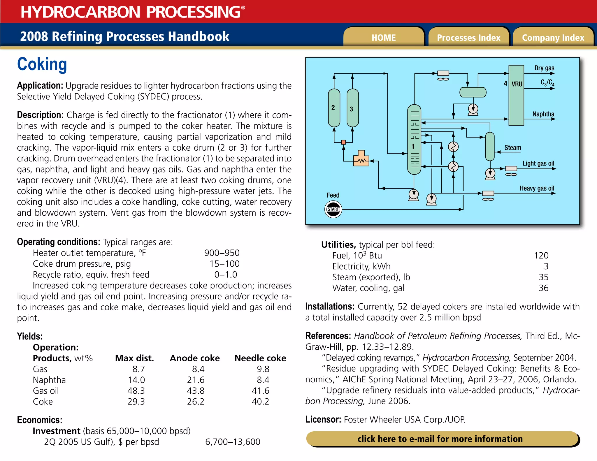 2008 Refining Processes Handbook Processes Index Company Index
HOME
HYDROCARBON PROCESSING
®
click here to e-mail for more information
Coking
Application: Upgrade residues to lighter hydrocarbon fractions using the
Selective Yield Delayed Coking (SYDEC) process.
Description: Charge is fed directly to the fractionator (1) where it com-
bines with recycle and is pumped to the coker heater. The mixture is
heated to coking temperature, causing partial vaporization and mild
cracking. The vapor-liquid mix enters a coke drum (2 or 3) for further
cracking. Drum overhead enters the fractionator (1) to be separated into
gas, naphtha, and light and heavy gas oils. Gas and naphtha enter the
vapor recovery unit (VRU)(4). There are at least two coking drums, one
coking while the other is decoked using high-pressure water jets. The
coking unit also includes a coke handling, coke cutting, water recovery
and blowdown system. Vent gas from the blowdown system is recov-
ered in the VRU.
Operating conditions: Typical ranges are:
Heater outlet temperature, ºF		 900–950
Coke drum pressure, psig		 15–100
Recycle ratio, equiv. fresh feed		 0–1.0
Increased coking temperature decreases coke production; increases
liquid yield and gas oil end point. Increasing pressure and/or recycle ra-
tio increases gas and coke make, decreases liquid yield and gas oil end
point.
Yields:
Operation:
Products, wt% Max dist. Anode coke Needle coke
Gas 8.7 8.4 9.8
Naphtha 14.0 21.6 8.4
Gas oil 48.3 43.8 41.6
Coke 29.3 26.2 40.2
Economics:
Investment (basis 65,000–10,000 bpsd)
2Q 2005 US Gulf), $ per bpsd 6,700–13,600
Utilities, typical per bbl feed:
Fuel, 103 Btu 120
Electricity, kWh 3
Steam (exported), lb 35
Water, cooling, gal 36
Installations: Currently, 52 delayed cokers are installed worldwide with
a total installed capacity over 2.5 million bpsd
References: Handbook of Petroleum Refining Processes, Third Ed., Mc-
Graw-Hill, pp. 12.33–12.89.
“Delayed coking revamps,” Hydrocarbon Processing, September 2004.
“Residue upgrading with SYDEC Delayed Coking: Benefits  Eco-
nomics,” AIChE Spring National Meeting, April 23–27, 2006, Orlando.
“Upgrade refinery residuals into value-added products,” Hydrocar-
bon Processing, June 2006.
Licensor: Foster Wheeler USA Corp./UOP.
4535

%SZHBT
$$
736
/BQIUIB
4UFBN
-JHIUHBTPJM
)FBWZHBTPJM
'FFE
 

 