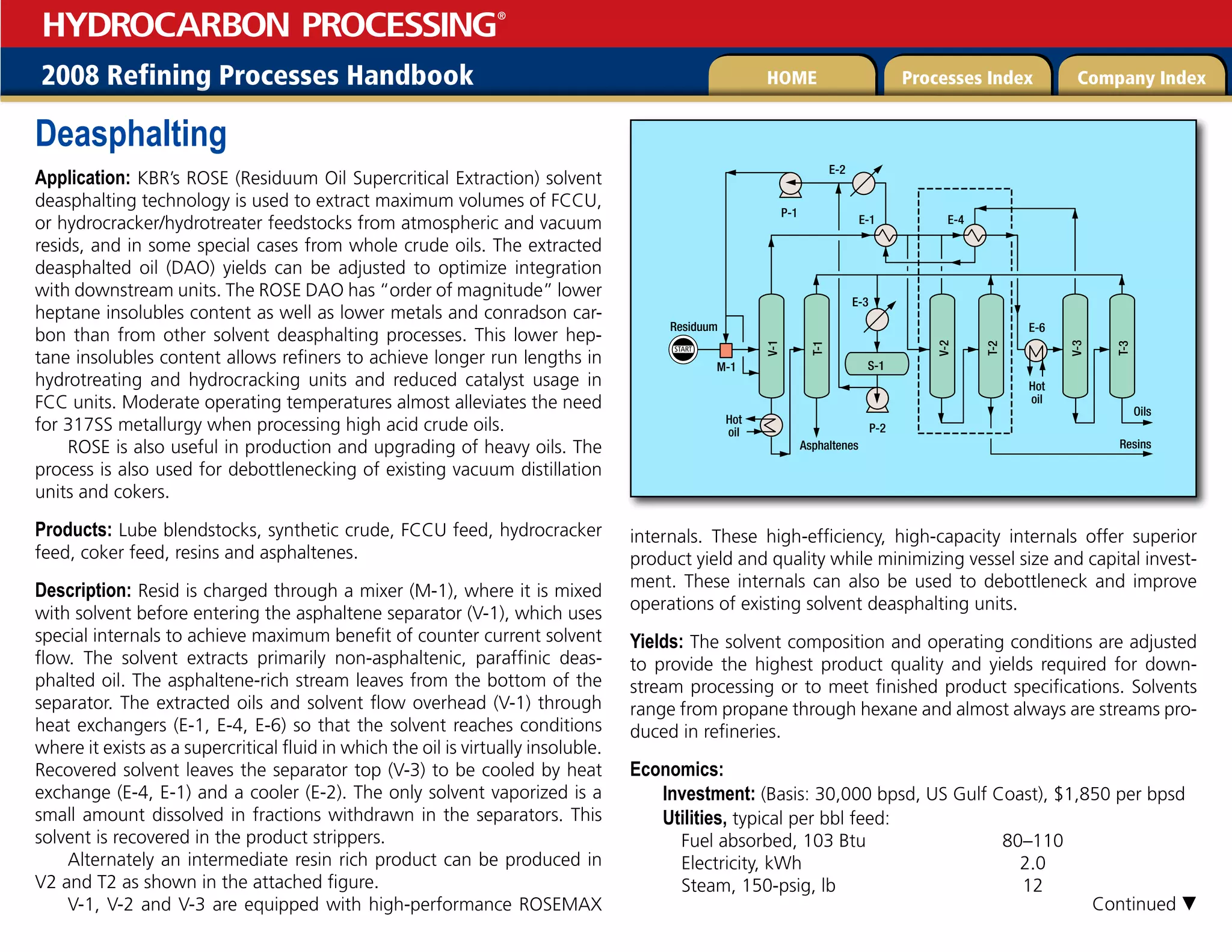 2008 Refining Processes Handbook Processes Index Company Index
HOME
HYDROCARBON PROCESSING
®
Deasphalting
Application: KBR’s ROSE (Residuum Oil Supercritical Extraction) solvent
deasphalting technology is used to extract maximum volumes of FCCU,
or hydrocracker/hydrotreater feedstocks from atmospheric and vacuum
resids, and in some special cases from whole crude oils. The extracted
deasphalted oil (DAO) yields can be adjusted to optimize integration
with downstream units. The ROSE DAO has “order of magnitude” lower
heptane insolubles content as well as lower metals and conradson car-
bon than from other solvent deasphalting processes. This lower hep-
tane insolubles content allows refiners to achieve longer run lengths in
hydrotreating and hydrocracking units and reduced catalyst usage in
FCC units. Moderate operating temperatures almost alleviates the need
for 317SS metallurgy when processing high acid crude oils.
ROSE is also useful in production and upgrading of heavy oils. The
process is also used for debottlenecking of existing vacuum distillation
units and cokers.
Products: Lube blendstocks, synthetic crude, FCCU feed, hydrocracker
feed, coker feed, resins and asphaltenes.
Description: Resid is charged through a mixer (M-1), where it is mixed
with solvent before entering the asphaltene separator (V-1), which uses
special internals to achieve maximum benefit of counter current solvent
flow. The solvent extracts primarily non-asphaltenic, paraffinic deas-
phalted oil. The asphaltene-rich stream leaves from the bottom of the
separator. The extracted oils and solvent flow overhead (V-1) through
heat exchangers (E-1, E-4, E-6) so that the solvent reaches conditions
where it exists as a supercritical fluid in which the oil is virtually insoluble.
Recovered solvent leaves the separator top (V-3) to be cooled by heat
exchange (E-4, E-1) and a cooler (E-2). The only solvent vaporized is a
small amount dissolved in fractions withdrawn in the separators. This
solvent is recovered in the product strippers.
Alternately an intermediate resin rich product can be produced in
V2 and T2 as shown in the attached figure.
V-1, V-2 and V-3 are equipped with high-performance ROSEMAX
internals. These high-efficiency, high-capacity internals offer superior
product yield and quality while minimizing vessel size and capital invest-
ment. These internals can also be used to debottleneck and improve
operations of existing solvent deasphalting units.
Yields: The solvent composition and operating conditions are adjusted
to provide the highest product quality and yields required for down-
stream processing or to meet finished product specifications. Solvents
range from propane through hexane and almost always are streams pro-
duced in refineries.
Economics:
Investment: (Basis: 30,000 bpsd, US Gulf Coast), $1,850 per bpsd
Utilities, typical per bbl feed:
Fuel absorbed, 103 Btu 80–110
Electricity, kWh 2.0
Steam, 150-psig, lb 12
START
Oils
Resins
Hot
oil
Hot
oil
Asphaltenes
V-1
T-1
V-2
T-2
V-3
T-3
E-6
E-4
E-1
E-2
P-1
P-2
M-1
Residuum
E-3
S-1
Continued 
 