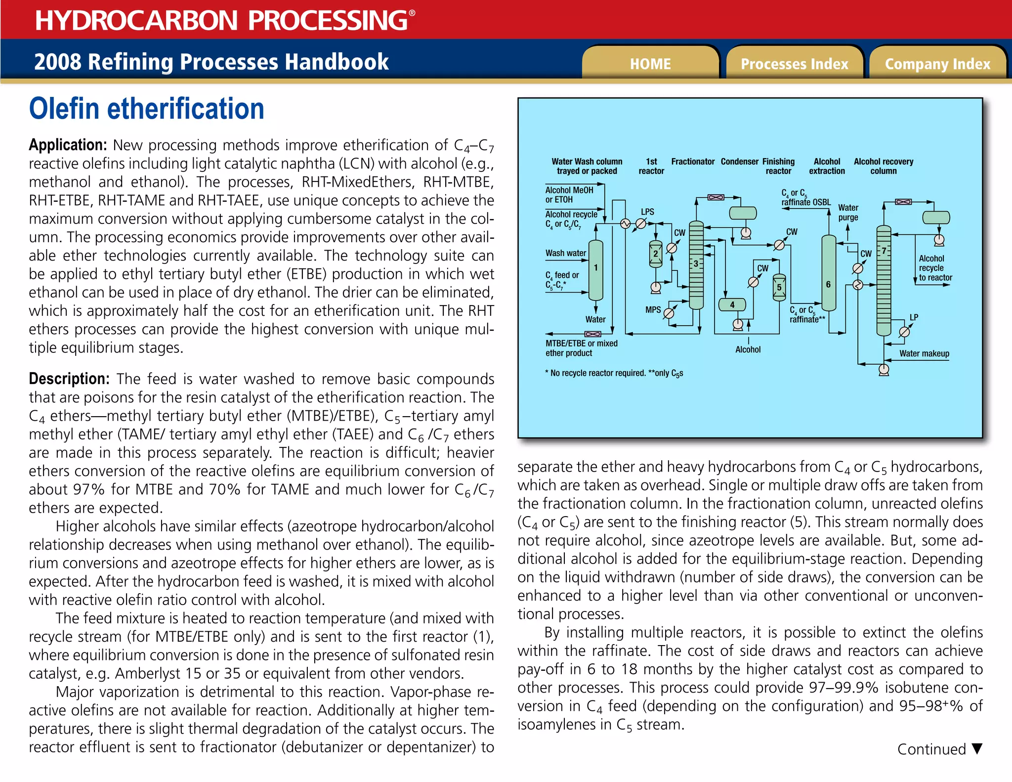 2008 Refining Processes Handbook Processes Index Company Index
HOME
HYDROCARBON PROCESSING
®
Olefin etherification
Application: New processing methods improve etherification of C4–C7
reactive olefins including light catalytic naphtha (LCN) with alcohol (e.g.,
methanol and ethanol). The processes, RHT-MixedEthers, RHT-MTBE,
RHT-ETBE, RHT-TAME and RHT-TAEE, use unique concepts to achieve the
maximum conversion without applying cumbersome catalyst in the col-
umn. The processing economics provide improvements over other avail-
able ether technologies currently available. The technology suite can
be applied to ethyl tertiary butyl ether (ETBE) production in which wet
ethanol can be used in place of dry ethanol. The drier can be eliminated,
which is approximately half the cost for an etherification unit. The RHT
ethers processes can provide the highest conversion with unique mul-
tiple equilibrium stages.
Description: The feed is water washed to remove basic compounds
that are poisons for the resin catalyst of the etherification reaction. The
C4 ethers—methyl tertiary butyl ether (MTBE)/ETBE), C5  
–tertiary amyl
methyl ether (TAME/ tertiary amyl ethyl ether (TAEE) and C6   /C7 ethers
are made in this process separately. The reaction is difficult; heavier
ethers conversion of the reactive olefins are equilibrium conversion of
about 97% for MTBE and 70% for TAME and much lower for C6  /C7
ethers are expected.
Higher alcohols have similar effects (azeotrope hydrocarbon/alcohol
relationship decreases when using methanol over ethanol). The equilib-
rium conversions and azeotrope effects for higher ethers are lower, as is
expected. After the hydrocarbon feed is washed, it is mixed with alcohol
with reactive olefin ratio control with alcohol.
The feed mixture is heated to reaction temperature (and mixed with
recycle stream (for MTBE/ETBE only) and is sent to the first reactor (1),
where equilibrium conversion is done in the presence of sulfonated resin
catalyst, e.g. Amberlyst 15 or 35 or equivalent from other vendors.
Major vaporization is detrimental to this reaction. Vapor-phase re-
active olefins are not available for reaction. Additionally at higher tem-
peratures, there is slight thermal degradation of the catalyst occurs. The
reactor effluent is sent to fractionator (debutanizer or depentanizer) to
separate the ether and heavy hydrocarbons from C4 or C5 hydrocarbons,
which are taken as overhead. Single or multiple draw offs are taken from
the fractionation column. In the fractionation column, unreacted olefins
(C4 or C5) are sent to the finishing reactor (5). This stream normally does
not require alcohol, since azeotrope levels are available. But, some ad-
ditional alcohol is added for the equilibrium-stage reaction. Depending
on the liquid withdrawn (number of side draws), the conversion can be
enhanced to a higher level than via other conventional or unconven-
tional processes.
By installing multiple reactors, it is possible to extinct the olefins
within the raffinate. The cost of side draws and reactors can achieve
pay-off in 6 to 18 months by the higher catalyst cost as compared to
other processes. This process could provide 97–99.9% isobutene con-
version in C4 feed (depending on the configuration) and 95–98+% of
isoamylenes in C5 stream.
Water Wash column
trayed or packed
1st
reactor
Fractionator Condenser Finishing
reactor
Water
Alcohol MeOH
or ETOH
Alcohol recycle
C4
or C5
/C7
Wash water
Water
purge
C4
feed or
C5
-C7
*
LPS
MTBE/ETBE or mixed
ether product
CW
CW
MPS
CW
C4
or C5
raffinate**
1
2
3
4
5
* No recycle reactor required. **only C5s
Alcohol
Alcohol
extraction
Alcohol recovery
column
C4
or C5
raffinate OSBL
CW
Alcohol
recycle
to reactor
Water makeup
LP
6
7
Continued 
 