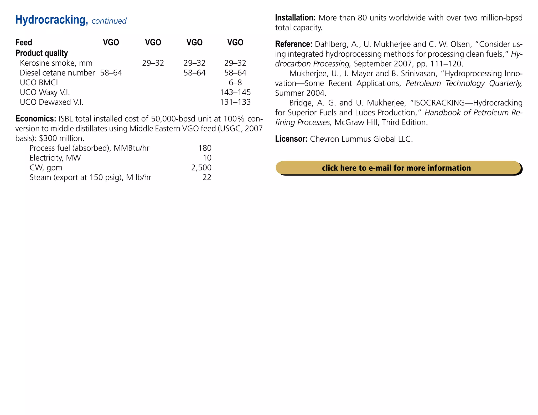 Feed VGO VGO VGO VGO
Product quality
Kerosine smoke, mm		 29–32 29–32 29–32
Diesel cetane number 58–64		 58–64 58–64
UCO BMCI				 6–8
UCO Waxy V.I.				 143–145
UCO Dewaxed V.I.				 131–133
Economics: ISBL total installed cost of 50,000-bpsd unit at 100% con-
version to middle distillates using Middle Eastern VGO feed (USGC, 2007
basis): $300 million.
Process fuel (absorbed), MMBtu/hr 180
Electricity, MW 10
CW, gpm 2,500
Steam (export at 150 psig), M lb/hr 22
Hydrocracking, continued Installation: More than 80 units worldwide with over two million-bpsd
total capacity.
Reference: Dahlberg, A., U. Mukherjee and C. W. Olsen, “Consider us-
ing integrated hydroprocessing methods for processing clean fuels,” Hy-
drocarbon Processing, September 2007, pp. 111–120.
Mukherjee, U., J. Mayer and B. Srinivasan, “Hydroprocessing Inno-
vation—Some Recent Applications, Petroleum Technology Quarterly,
Summer 2004.
Bridge, A. G. and U. Mukherjee, “ISOCRACKING—Hydrocracking
for Superior Fuels and Lubes Production,” Handbook of Petroleum Re-
fining Processes, McGraw Hill, Third Edition.
Licensor: Chevron Lummus Global LLC.
click here to e-mail for more information
 