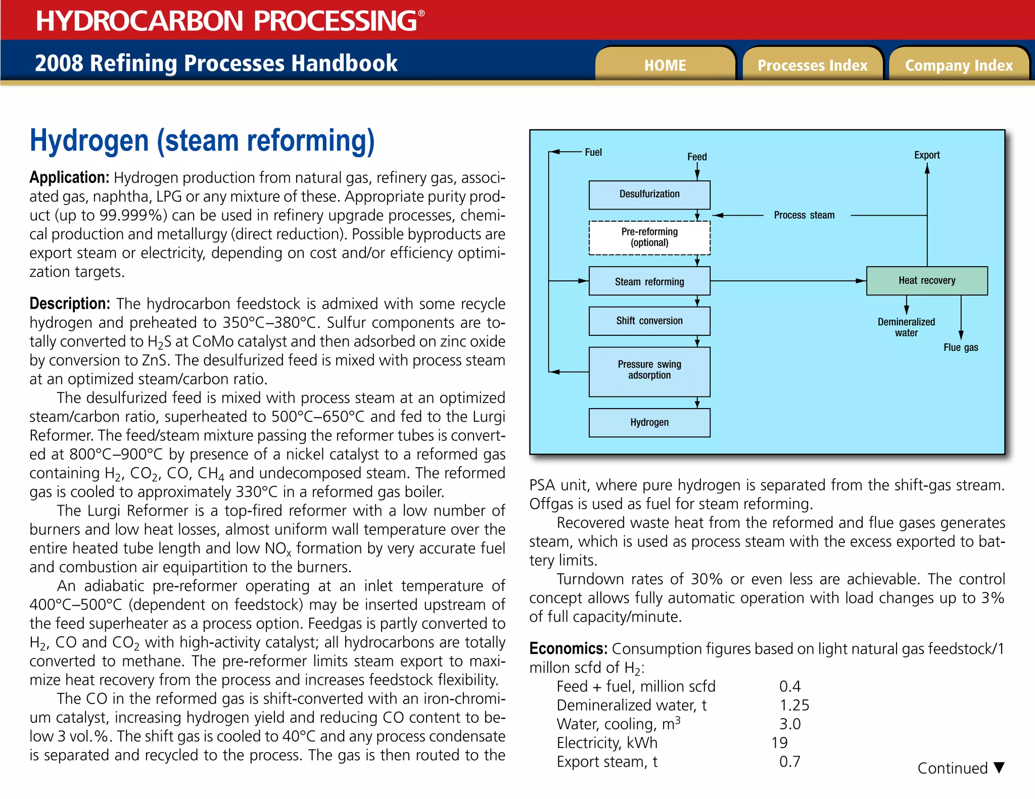 2008 Refining Processes Handbook Processes Index Company Index
HOME
HYDROCARBON PROCESSING
®
Hydrogen (steam reforming)
Application: Hydrogen production from natural gas, refinery gas, associ-
ated gas, naphtha, LPG or any mixture of these. Appropriate purity prod-
uct (up to 99.999%) can be used in refinery upgrade processes, chemi-
cal production and metallurgy (direct reduction). Possible byproducts are
export steam or electricity, depending on cost and/or efficiency optimi-
zation targets.
Description: The hydrocarbon feedstock is admixed with some recycle
hydrogen and preheated to 350°C–380°C. Sulfur components are to-
tally converted to H2S at CoMo catalyst and then adsorbed on zinc oxide
by conversion to ZnS. The desulfurized feed is mixed with process steam
at an optimized steam/carbon ratio.
The desulfurized feed is mixed with process steam at an optimized
steam/carbon ratio, superheated to 500°C–650°C and fed to the Lurgi
Reformer. The feed/steam mixture passing the reformer tubes is convert-
ed at 800°C–900°C by presence of a nickel catalyst to a reformed gas
containing H2, CO2, CO, CH4 and undecomposed steam. The reformed
gas is cooled to approximately 330°C in a reformed gas boiler.
The Lurgi Reformer is a top-fired reformer with a low number of
burners and low heat losses, almost uniform wall temperature over the
entire heated tube length and low NOx formation by very accurate fuel
and combustion air equipartition to the burners.
An adiabatic pre-reformer operating at an inlet temperature of
400°C–500°C (dependent on feedstock) may be inserted upstream of
the feed superheater as a process option. Feedgas is partly converted to
H2, CO and CO2 with high-activity catalyst; all hydrocarbons are totally
converted to methane. The pre-reformer limits steam export to maxi-
mize heat recovery from the process and increases feedstock flexibility.
The CO in the reformed gas is shift-converted with an iron-chromi-
um catalyst, increasing hydrogen yield and reducing CO content to be-
low 3 vol.%. The shift gas is cooled to 40°C and any process condensate
is separated and recycled to the process. The gas is then routed to the
PSA unit, where pure hydrogen is separated from the shift-gas stream.
Offgas is used as fuel for steam reforming.
Recovered waste heat from the reformed and flue gases generates
steam, which is used as process steam with the excess exported to bat-
tery limits.
Turndown rates of 30% or even less are achievable. The control
concept allows fully automatic operation with load changes up to 3%
of full capacity/minute.
Economics: Consumption figures based on light natural gas feedstock/1
millon scfd of H2:
Feed + fuel, million scfd 0.4
Demineralized water, t 1.25
Water, cooling, m3 3.0
Electricity, kWh 19
Export steam, t 0.7
Hydrogen
Fuel Feed
Demineralized
water
Flue gas
Export
Desulfurization
Pre-reforming
(optional)
Shift conversion
Pressure swing
adsorption
Heat recovery
Steam reforming
Process steam
Continued 
 