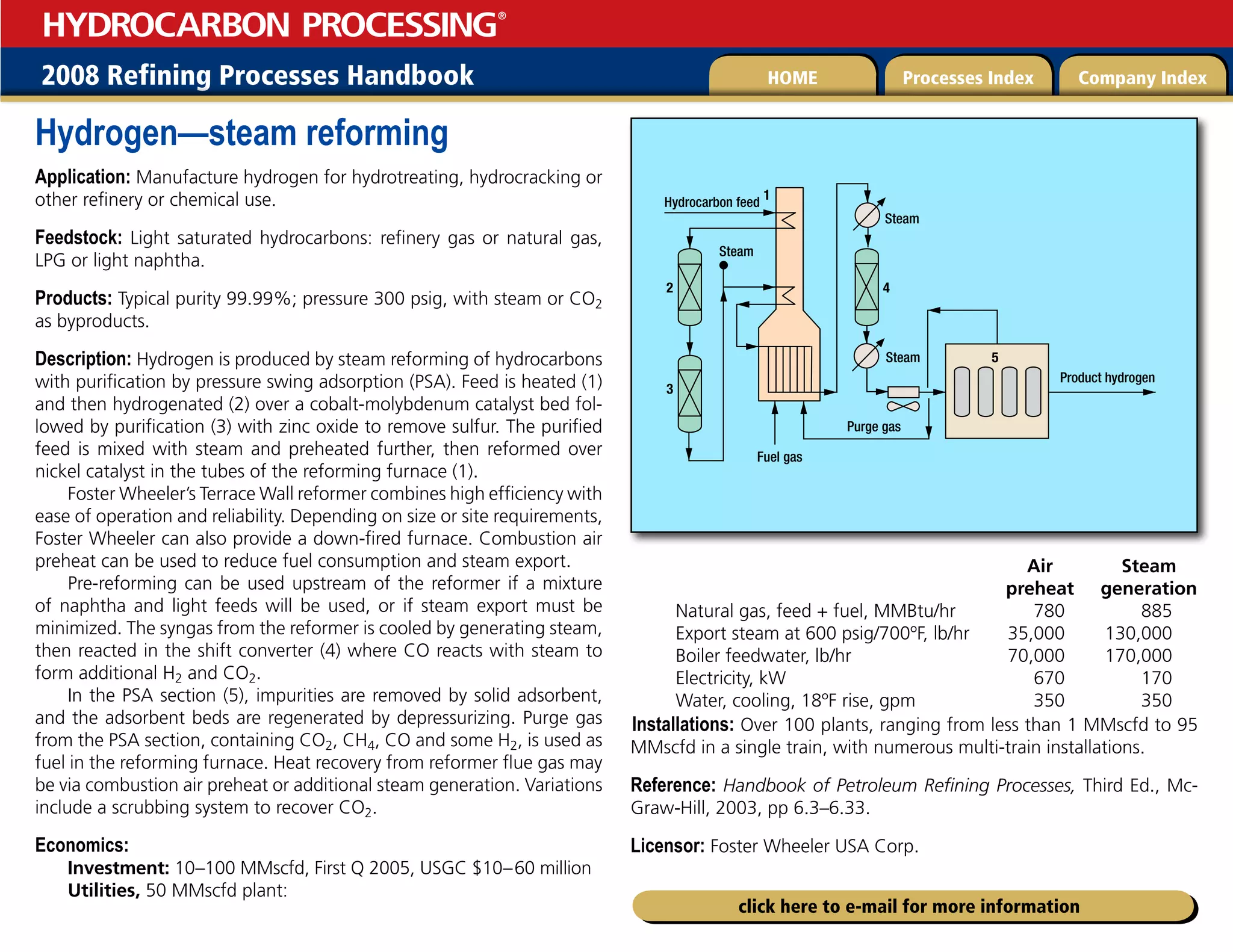 2008 Refining Processes Handbook Processes Index Company Index
HOME
HYDROCARBON PROCESSING
®
click here to e-mail for more information
Hydrogen—steam reforming
Application: Manufacture hydrogen for hydrotreating, hydrocracking or
other refinery or chemical use.
Feedstock: Light saturated hydrocarbons: refinery gas or natural gas,
LPG or light naphtha.
Products: Typical purity 99.99%; pressure 300 psig, with steam or CO2
as byproducts.
Description: Hydrogen is produced by steam reforming of hydrocarbons
with purification by pressure swing adsorption (PSA). Feed is heated (1)
and then hydrogenated (2) over a cobalt-molybdenum catalyst bed fol-
lowed by purification (3) with zinc oxide to remove sulfur. The purified
feed is mixed with steam and preheated further, then reformed over
nickel catalyst in the tubes of the reforming furnace (1).
Foster Wheeler’s Terrace Wall reformer combines high efficiency with
ease of operation and reliability. Depending on size or site requirements,
Foster Wheeler can also provide a down-fired furnace. Combustion air
preheat can be used to reduce fuel consumption and steam export.
Pre-reforming can be used upstream of the reformer if a mixture
of naphtha and light feeds will be used, or if steam export must be
minimized. The syngas from the reformer is cooled by generating steam,
then reacted in the shift converter (4) where CO reacts with steam to
form additional H2 and CO2.
In the PSA section (5), impurities are removed by solid adsorbent,
and the adsorbent beds are regenerated by depressurizing. Purge gas
from the PSA section, containing CO2, CH4, CO and some H2, is used as
fuel in the reforming furnace. Heat recovery from reformer flue gas may
be via combustion air preheat or additional steam generation. Variations
include a scrubbing system to recover CO2.
Economics:
Investment: 10–100 MMscfd, First Q 2005, USGC $10–60 million
Utilities, 50 MMscfd plant:
		 Air Steam
		 preheat generation
Natural gas, feed + fuel, MMBtu/hr 780 885		
Export steam at 600 psig/700ºF, lb/hr 35,000 130,000		
Boiler feedwater, lb/hr 70,000 170,000
Electricity, kW 670 170
Water, cooling, 18ºF rise, gpm 350 350
Installations: Over 100 plants, ranging from less than 1 MMscfd to 95
MMscfd in a single train, with numerous multi-train installations.
Reference: Handbook of Petroleum Refining Processes, Third Ed., Mc-
Graw-Hill, 2003, pp 6.3–6.33.
Licensor: Foster Wheeler USA Corp.
1SPEVDUIZESPHFO
4UFBN
'VFMHBT
1VSHFHBT
4UFBN
4UFBN
)ZESPDBSCPOGFFE





 