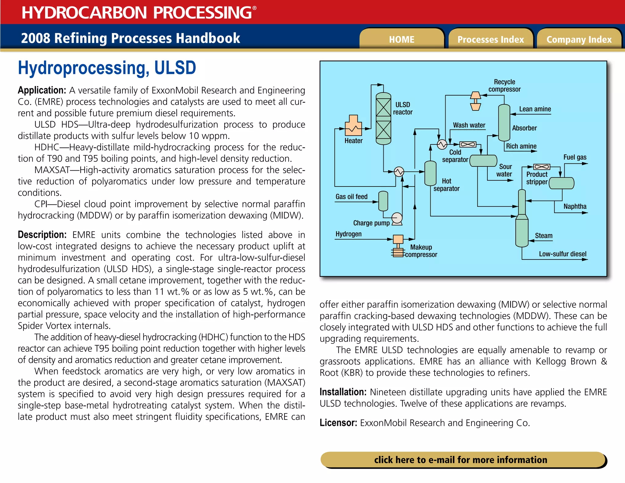 2008 Refining Processes Handbook Processes Index Company Index
HOME
HYDROCARBON PROCESSING
®
click here to e-mail for more information
Hydroprocessing, ULSD
Application: A versatile family of ExxonMobil Research and Engineering
Co. (EMRE) process technologies and catalysts are used to meet all cur-
rent and possible future premium diesel requirements.
ULSD HDS—Ultra-deep hydrodesulfurization process to produce
distillate products with sulfur levels below 10 wppm.
HDHC—Heavy-distillate mild-hydrocracking process for the reduc-
tion of T90 and T95 boiling points, and high-level density reduction.
MAXSAT—High-activity aromatics saturation process for the selec-
tive reduction of polyaromatics under low pressure and temperature
conditions.
CPI—Diesel cloud point improvement by selective normal paraffin
hydrocracking (MDDW) or by paraffin isomerization dewaxing (MIDW).
Description: EMRE units combine the technologies listed above in
low-cost integrated designs to achieve the necessary product uplift at
minimum investment and operating cost. For ultra-low-sulfur-diesel
hydrodesulfurization (ULSD HDS), a single-stage single-reactor process
can be designed. A small cetane improvement, together with the reduc-
tion of polyaromatics to less than 11 wt.% or as low as 5 wt.%, can be
economically achieved with proper specification of catalyst, hydrogen
partial pressure, space velocity and the installation of high-performance
Spider Vortex internals.
The addition of heavy-diesel hydrocracking (HDHC) function to the HDS
reactor can achieve T95 boiling point reduction together with higher levels
of density and aromatics reduction and greater cetane improvement.
When feedstock aromatics are very high, or very low aromatics in
the product are desired, a second-stage aromatics saturation (MAXSAT)
system is specified to avoid very high design pressures required for a
single-step base-metal hydrotreating catalyst system. When the distil-
late product must also meet stringent fluidity specifications, EMRE can
offer either paraffin isomerization dewaxing (MIDW) or selective normal
paraffin cracking-based dewaxing technologies (MDDW). These can be
closely integrated with ULSD HDS and other functions to achieve the full
upgrading requirements.
The EMRE ULSD technologies are equally amenable to revamp or
grassroots applications. EMRE has an alliance with Kellogg Brown 
Root (KBR) to provide these technologies to refiners.
Installation: Nineteen distillate upgrading units have applied the EMRE
ULSD technologies. Twelve of these applications are revamps.
Licensor: ExxonMobil Research and Engineering Co.
Rich amine
Fuel gas
Naphtha
Low-sulfur diesel
Sour
water
Wash water
Hot
separator
Makeup
compressor
Cold
separator
Product
stripper
Lean amine
Steam
Absorber
ULSD
reactor
Heater
Hydrogen
Charge pump
Gas oil feed
Recycle
compressor
 