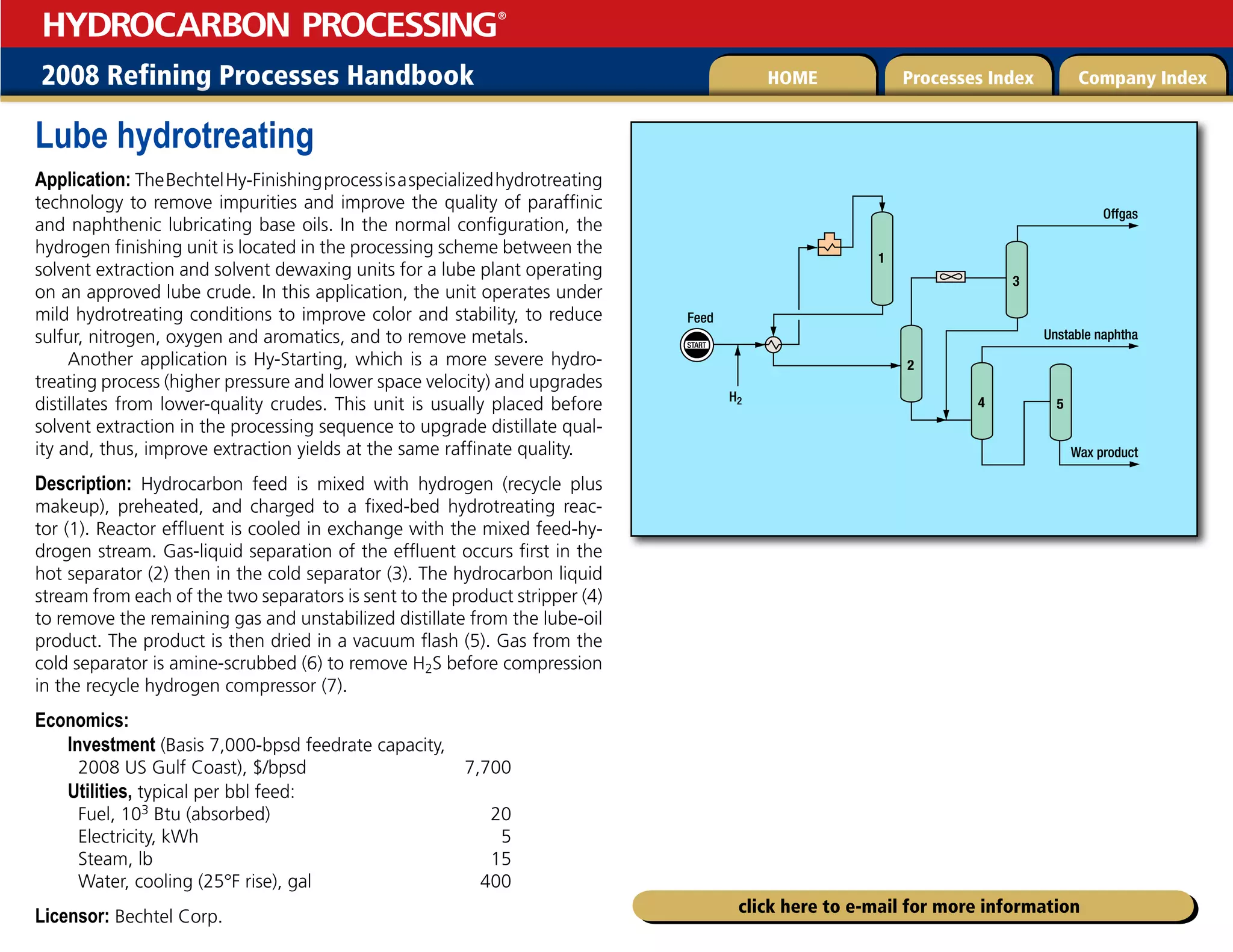 2008 Refining Processes Handbook Processes Index Company Index
HOME
HYDROCARBON PROCESSING
®
click here to e-mail for more information
Lube hydrotreating
Application: TheBechtelHy-Finishingprocessisaspecializedhydrotreating
technology to remove impurities and improve the quality of paraffinic
and naphthenic lubricating base oils. In the normal configuration, the
hydrogen finishing unit is located in the processing scheme between the
solvent extraction and solvent dewaxing units for a lube plant operating
on an approved lube crude. In this application, the unit operates under
mild hydrotreating conditions to improve color and stability, to reduce
sulfur, nitrogen, oxygen and aromatics, and to remove metals.
Another application is Hy-Starting, which is a more severe hydro-
treating process (higher pressure and lower space velocity) and upgrades
distillates from lower-quality crudes. This unit is usually placed before
solvent extraction in the processing sequence to upgrade distillate qual-
ity and, thus, improve extraction yields at the same raffinate quality.
Description: Hydrocarbon feed is mixed with hydrogen (recycle plus
makeup), preheated, and charged to a fixed-bed hydrotreating reac-
tor (1). Reactor effluent is cooled in exchange with the mixed feed-hy-
drogen stream. Gas-liquid separation of the effluent occurs first in the
hot separator (2) then in the cold separator (3). The hydrocarbon liquid
stream from each of the two separators is sent to the product stripper (4)
to remove the remaining gas and unstabilized distillate from the lube-oil
product. The product is then dried in a vacuum flash (5). Gas from the
cold separator is amine-scrubbed (6) to remove H2S before compression
in the recycle hydrogen compressor (7).
Economics:
Investment (Basis 7,000-bpsd feedrate capacity,
2008 US Gulf Coast), $/bpsd 7,700
Utilities, typical per bbl feed:
Fuel, 103 Btu (absorbed) 20
Electricity, kWh 5
Steam, lb 15
Water, cooling (25°F rise), gal 400
Licensor: Bechtel Corp.
START
Feed
Wax product
4
3
2
H2
1
5
Offgas
Unstable naphtha
 