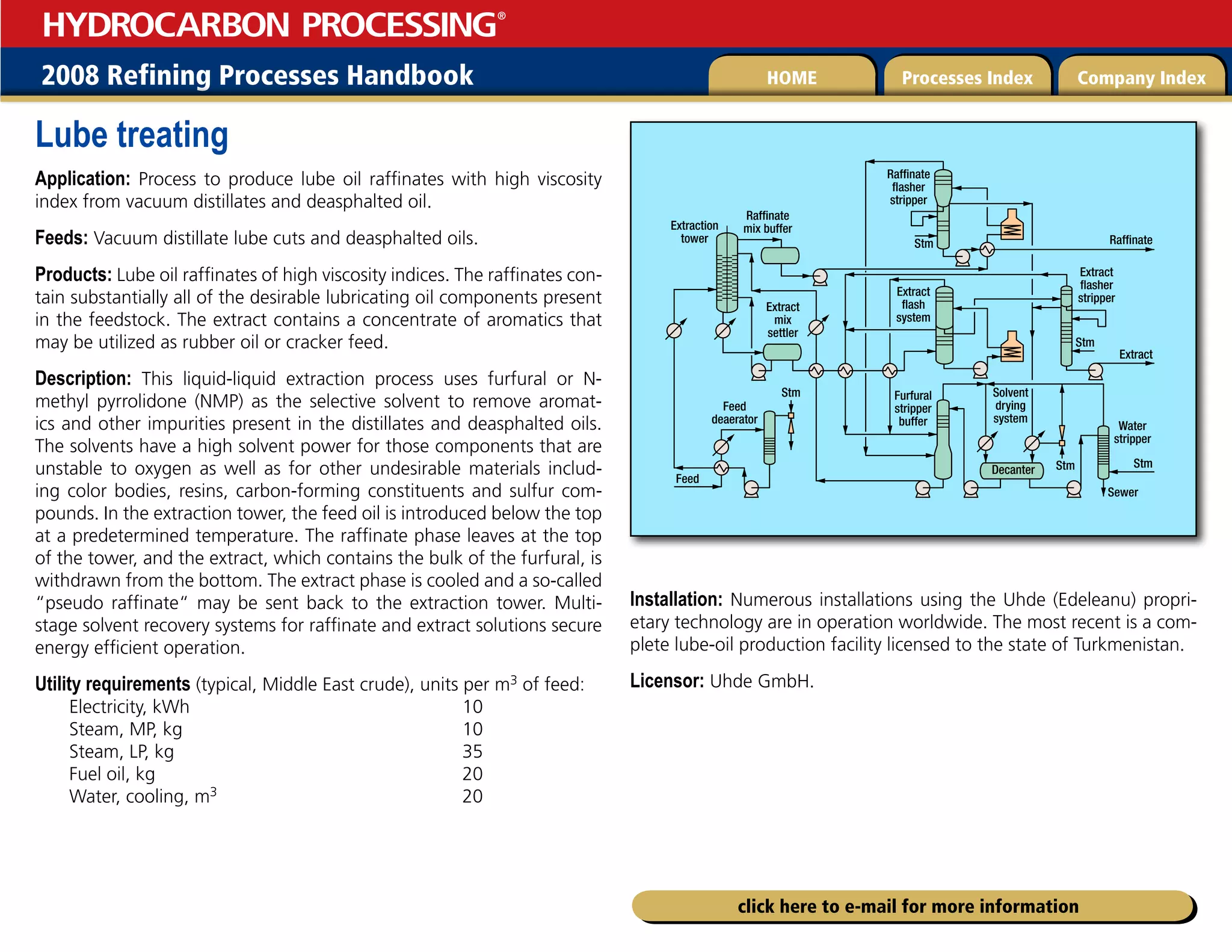 2008 Refining Processes Handbook Processes Index Company Index
HOME
HYDROCARBON PROCESSING
®
click here to e-mail for more information
Lube treating
Application: Process to produce lube oil raffinates with high viscosity
index from vacuum distillates and deasphalted oil.
Feeds: Vacuum distillate lube cuts and deasphalted oils.
Products: Lube oil raffinates of high viscosity indices. The raffinates con-
tain substantially all of the desirable lubricating oil components present
in the feedstock. The extract contains a concentrate of aromatics that
may be utilized as rubber oil or cracker feed.
Description: This liquid-liquid extraction process uses furfural or N-
methyl pyrrolidone (NMP) as the selective solvent to remove aromat-
ics and other impurities present in the distillates and deasphalted oils.
The solvents have a high solvent power for those components that are
unstable to oxygen as well as for other undesirable materials includ-
ing color bodies, resins, carbon-forming constituents and sulfur com-
pounds. In the extraction tower, the feed oil is introduced below the top
at a predetermined temperature. The raffinate phase leaves at the top
of the tower, and the extract, which contains the bulk of the furfural, is
withdrawn from the bottom. The extract phase is cooled and a so-called
“pseudo raffinate“ may be sent back to the extraction tower. Multi-
stage solvent recovery systems for raffinate and extract solutions secure
energy efficient operation.
Utility requirements (typical, Middle East crude), units per m3 of feed:
Electricity, kWh 10
Steam, MP, kg 10
Steam, LP, kg 35
Fuel oil, kg 20
Water, cooling, m3 20
Installation: Numerous installations using the Uhde (Edeleanu) propri-
etary technology are in operation worldwide. The most recent is a com-
plete lube-oil production facility licensed to the state of Turkmenistan.
Licensor: Uhde GmbH.
Extraction
tower
Raffinate
mix buffer
Extract
mix
settler
Feed
deaerator
Feed
Stm
Stm
Stm
Stm
Stm
Sewer
Water
stripper
Decanter
Solvent
drying
system
Extract
flasher
stripper
Extract
Raffinate
Furfural
stripper
buffer
Extract
flash
system
Raffinate
flasher
stripper
 