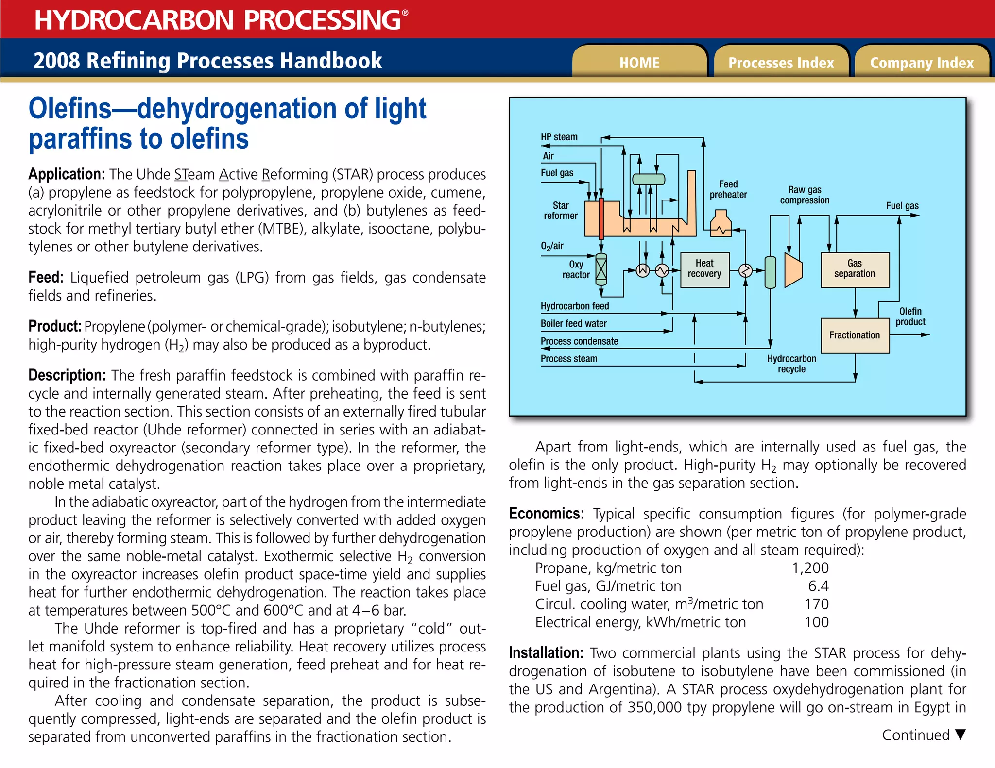 2008 Refining Processes Handbook Processes Index Company Index
HOME
HYDROCARBON PROCESSING
®
Olefins—dehydrogenation of light
paraffins to olefins
Application: The Uhde STeam Active Reforming (STAR) process produces
(a) propylene as feedstock for polypropylene, propylene oxide, cumene,
acrylonitrile or other propylene derivatives, and (b) butylenes as feed-
stock for methyl tertiary butyl ether (MTBE), alkylate, isooctane, polybu-
tylenes or other butylene derivatives.
Feed: Liquefied petroleum gas (LPG) from gas fields, gas condensate
fields and refineries.
Product:Propylene(polymer- orchemical-grade);isobutylene;n-butylenes;
high-purity hydrogen (H2) may also be produced as a byproduct.
Description: The fresh paraffin feedstock is combined with paraffin re-
cycle and internally generated steam. After preheating, the feed is sent
to the reaction section. This section consists of an externally fired tubular
fixed-bed reactor (Uhde reformer) connected in series with an adiabat-
ic fixed-bed oxyreactor (secondary reformer type). In the reformer, the
endothermic dehydrogenation reaction takes place over a proprietary,
noble metal catalyst.
In the adiabatic oxyreactor, part of the hydrogen from the intermediate
product leaving the reformer is selectively converted with added oxygen
or air, thereby forming steam. This is followed by further dehydrogenation
over the same noble-metal catalyst. Exothermic selective H2 conversion
in the oxyreactor increases olefin product space-time yield and supplies
heat for further endothermic dehydrogenation. The reaction takes place
at temperatures between 500°C and 600°C and at 4–6 bar.
The Uhde reformer is top-fired and has a proprietary “cold” out-
let manifold system to enhance reliability. Heat recovery utilizes process
heat for high-pressure steam generation, feed preheat and for heat re-
quired in the fractionation section.
After cooling and condensate separation, the product is subse-
quently compressed, light-ends are separated and the olefin product is
separated from unconverted paraffins in the fractionation section.
Apart from light-ends, which are internally used as fuel gas, the
olefin is the only product. High-purity H2 may optionally be recovered
from light-ends in the gas separation section.
Economics: Typical specific consumption figures (for polymer-grade
propylene production) are shown (per metric ton of propylene product,
including production of oxygen and all steam required):
Propane, kg/metric ton 1,200
Fuel gas, GJ/metric ton 6.4
Circul. cooling water, m3/metric ton 170
Electrical energy, kWh/metric ton 100
Installation: Two commercial plants using the STAR process for dehy-
drogenation of isobutene to isobutylene have been commissioned (in
the US and Argentina). A STAR process oxydehydrogenation plant for
the production of 350,000 tpy propylene will go on-stream in Egypt in
Fuel gas
Star
reformer
Hydrocarbon feed
Process condensate
Process steam
Boiler feed water
Oxy
reactor
O2/air
HP steam
Fuel gas
Heat
recovery
Feed
preheater Raw gas
compression
Gas
separation
Olefin
product
Hydrocarbon
recycle
Fractionation
Air
Continued 
 