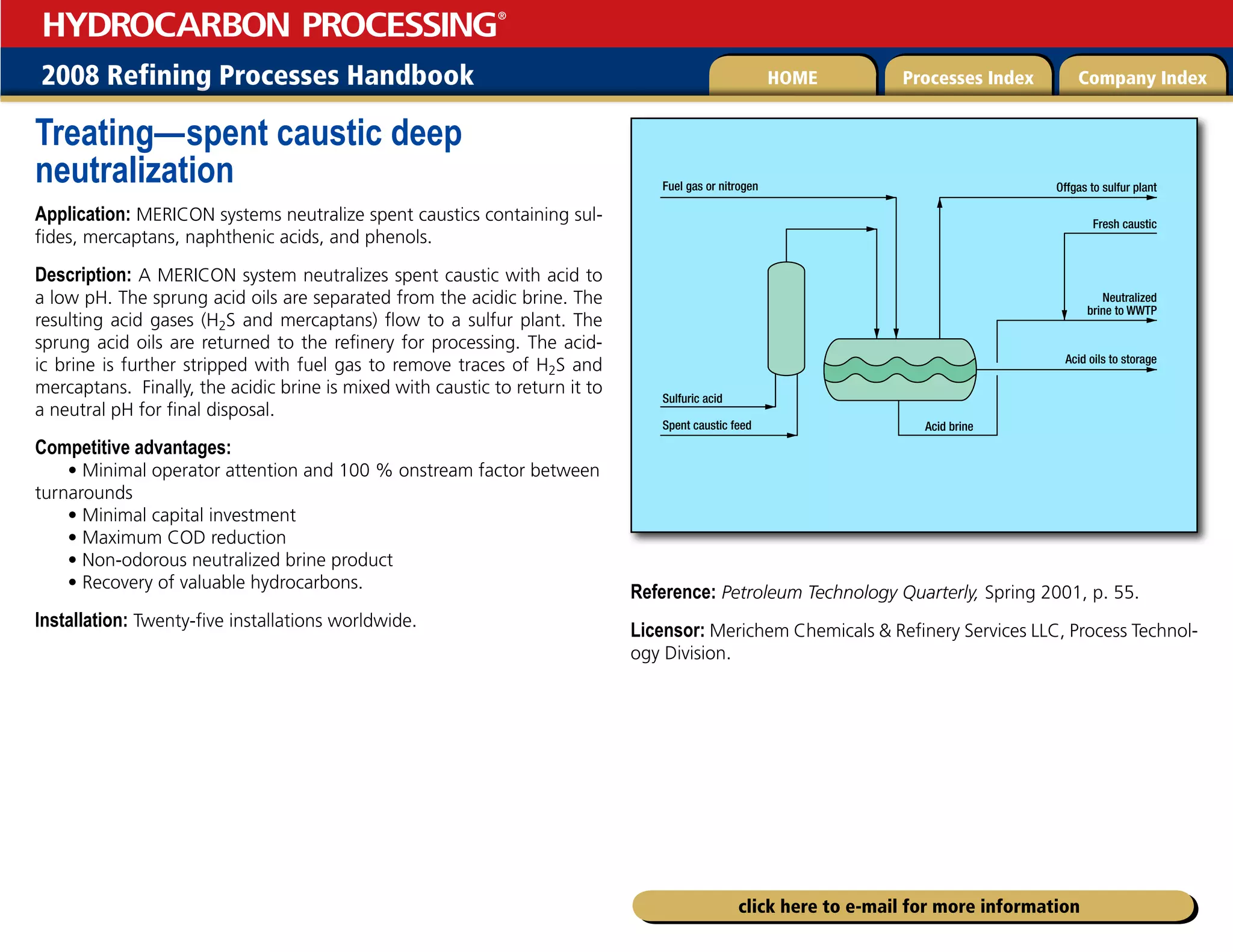 2008 Refining Processes Handbook Processes Index Company Index
HOME
HYDROCARBON PROCESSING
®
click here to e-mail for more information
Treating—spent caustic deep
neutralization
Application: MERICON systems neutralize spent caustics containing sul-
fides, mercaptans, naphthenic acids, and phenols.
Description: A MERICON system neutralizes spent caustic with acid to
a low pH. The sprung acid oils are separated from the acidic brine. The
resulting acid gases (H2S and mercaptans) flow to a sulfur plant. The
sprung acid oils are returned to the refinery for processing. The acid-
ic brine is further stripped with fuel gas to remove traces of H2S and
mercaptans. Finally, the acidic brine is mixed with caustic to return it to
a neutral pH for final disposal.
Competitive advantages:
• Minimal operator attention and 100 % onstream factor between
turnarounds
• Minimal capital investment
• Maximum COD reduction
• Non-odorous neutralized brine product
• Recovery of valuable hydrocarbons.
Installation: Twenty-five installations worldwide.
Reference: Petroleum Technology Quarterly, Spring 2001, p. 55.
Licensor: Merichem Chemicals  Refinery Services LLC, Process Technol-
ogy Division.
Offgas to sulfur plant
Fuel gas or nitrogen
Sulfuric acid
Spent caustic feed
Neutralized
brine to WWTP
Acid oils to storage
Acid brine
Fresh caustic
 