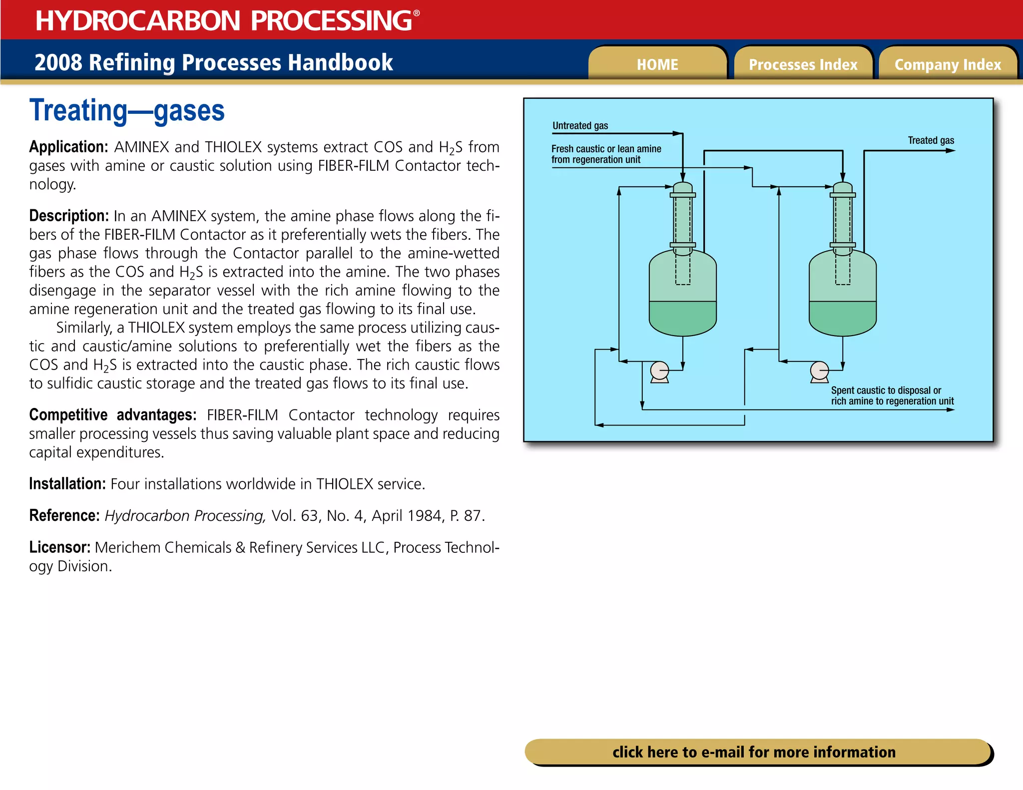 2008 Refining Processes Handbook Processes Index Company Index
HOME
HYDROCARBON PROCESSING
®
click here to e-mail for more information
Treating—gases
Application: AMINEX and THIOLEX systems extract COS and H2S from
gases with amine or caustic solution using FIBER-FILM Contactor tech-
nology.
Description: In an AMINEX system, the amine phase flows along the fi-
bers of the FIBER-FILM Contactor as it preferentially wets the fibers. The
gas phase flows through the Contactor parallel to the amine-wetted
fibers as the COS and H2S is extracted into the amine. The two phases
disengage in the separator vessel with the rich amine flowing to the
amine regeneration unit and the treated gas flowing to its final use.
Similarly, a THIOLEX system employs the same process utilizing caus-
tic and caustic/amine solutions to preferentially wet the fibers as the
COS and H2S is extracted into the caustic phase. The rich caustic flows
to sulfidic caustic storage and the treated gas flows to its final use.
Competitive advantages: FIBER-FILM Contactor technology requires
smaller processing vessels thus saving valuable plant space and reducing
capital expenditures.
Installation: Four installations worldwide in THIOLEX service.
Reference: Hydrocarbon Processing, Vol. 63, No. 4, April 1984, P. 87.
Licensor: Merichem Chemicals  Refinery Services LLC, Process Technol-
ogy Division.
Untreated gas
Treated gas
Fresh caustic or lean amine
from regeneration unit
Spent caustic to disposal or
rich amine to regeneration unit
 