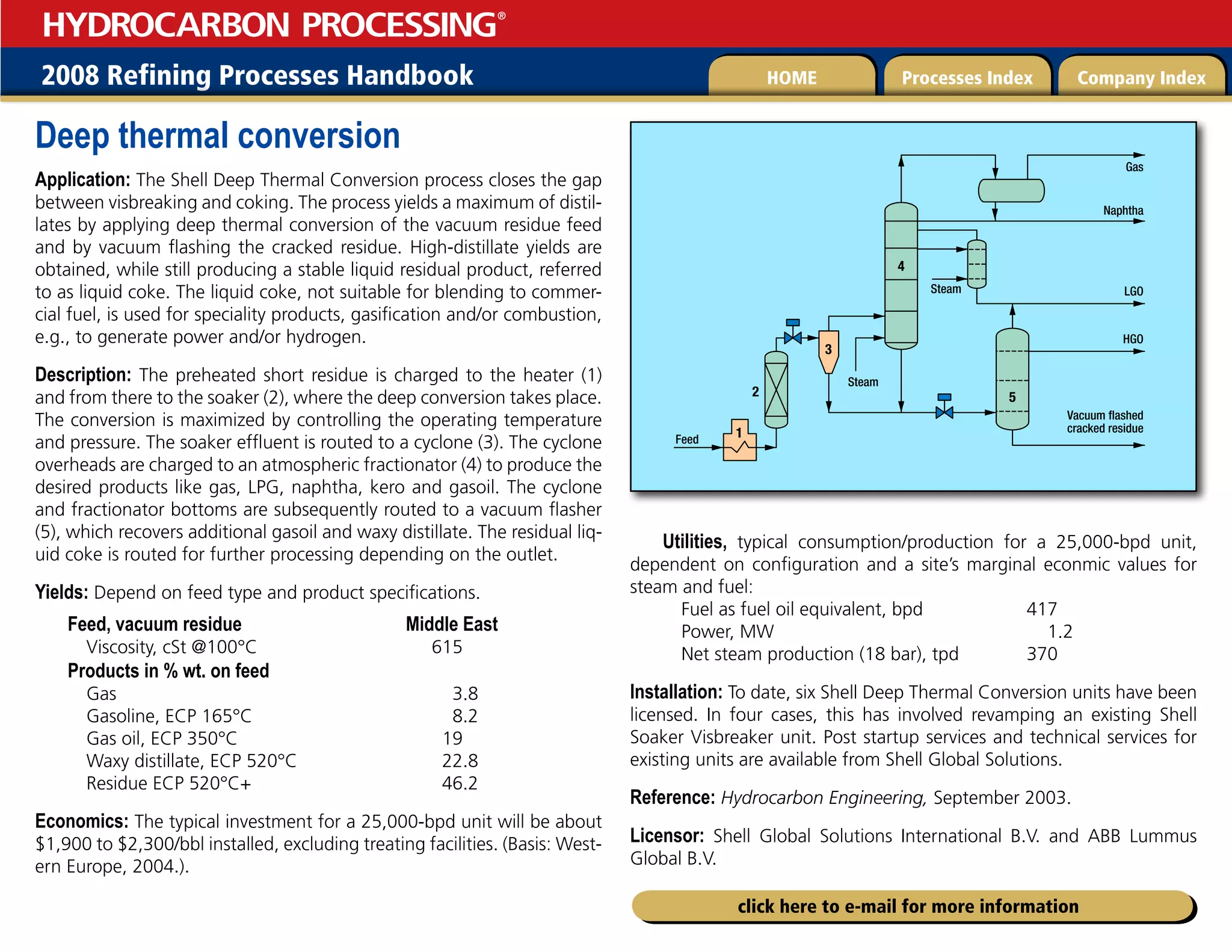 2008 Refining Processes Handbook Processes Index Company Index
HOME
HYDROCARBON PROCESSING
®
click here to e-mail for more information
Deep thermal conversion
Application: The Shell Deep Thermal Conversion process closes the gap
between visbreaking and coking. The process yields a maximum of distil-
lates by applying deep thermal conversion of the vacuum residue feed
and by vacuum flashing the cracked residue. High-distillate yields are
obtained, while still producing a stable liquid residual product, referred
to as liquid coke. The liquid coke, not suitable for blending to commer-
cial fuel, is used for speciality products, gasification and/or combustion,
e.g., to generate power and/or hydrogen.
Description: The preheated short residue is charged to the heater (1)
and from there to the soaker (2), where the deep conversion takes place.
The conversion is maximized by controlling the operating temperature
and pressure. The soaker effluent is routed to a cyclone (3). The cyclone
overheads are charged to an atmospheric fractionator (4) to produce the
desired products like gas, LPG, naphtha, kero and gasoil. The cyclone
and fractionator bottoms are subsequently routed to a vacuum flasher
(5), which recovers additional gasoil and waxy distillate. The residual liq-
uid coke is routed for further processing depending on the outlet.
Yields: Depend on feed type and product specifications.
Feed, vacuum residue Middle East
Viscosity, cSt @100°C 615
Products in % wt. on feed
Gas 3.8
Gasoline, ECP 165°C 8.2
Gas oil, ECP 350°C 19
Waxy distillate, ECP 520°C 22.8
Residue ECP 520°C+ 46.2
Economics: The typical investment for a 25,000-bpd unit will be about
$1,900 to $2,300/bbl installed, excluding treating facilities. (Basis: West-
ern Europe, 2004.).
Utilities, typical consumption/production for a 25,000-bpd unit,
dependent on configuration and a site’s marginal econmic values for
steam and fuel:
Fuel as fuel oil equivalent, bpd 417
Power, MW 1.2
Net steam production (18 bar), tpd 370
Installation: To date, six Shell Deep Thermal Conversion units have been
licensed. In four cases, this has involved revamping an existing Shell
Soaker Visbreaker unit. Post startup services and technical services for
existing units are available from Shell Global Solutions.
Reference: Hydrocarbon Engineering, September 2003.
Licensor: Shell Global Solutions International B.V. and ABB Lummus
Global B.V.
Feed
Naphtha
LGO
HGO
Vacuum flashed
cracked residue
Gas
Steam
Steam
5
4
2
1
3
 