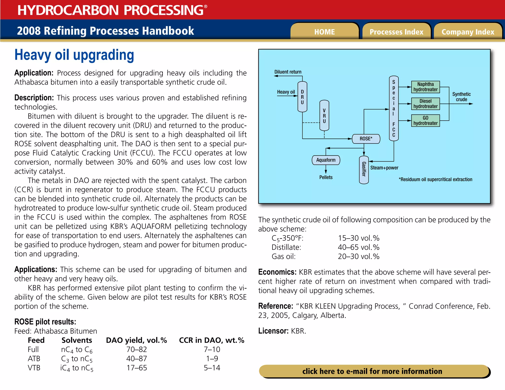 2008 Refining Processes Handbook Processes Index Company Index
HOME
HYDROCARBON PROCESSING
®
click here to e-mail for more information
Heavy oil upgrading
Application: Process designed for upgrading heavy oils including the
Athabasca bitumen into a easily transportable synthetic crude oil.
Description: This process uses various proven and established refining
technologies.
Bitumen with diluent is brought to the upgrader. The diluent is re-
covered in the diluent recovery unit (DRU) and returned to the produc-
tion site. The bottom of the DRU is sent to a high deasphalted oil lift
ROSE solvent deasphalting unit. The DAO is then sent to a special pur-
pose Fluid Catalytic Cracking Unit (FCCU). The FCCU operates at low
conversion, normally between 30% and 60% and uses low cost low
activity catalyst.
The metals in DAO are rejected with the spent catalyst. The carbon
(CCR) is burnt in regenerator to produce steam. The FCCU products
can be blended into synthetic crude oil. Alternately the products can be
hydrotreated to produce low-sulfur synthetic crude oil. Steam produced
in the FCCU is used within the complex. The asphaltenes from ROSE
unit can be pelletized using KBR’s AQUAFORM pelletizing technology
for ease of transportation to end users. Alternately the asphaltenes can
be gasified to produce hydrogen, steam and power for bitumen produc-
tion and upgrading.
Applications: This scheme can be used for upgrading of bitumen and
other heavy and very heavy oils.
KBR has performed extensive pilot plant testing to confirm the vi-
ability of the scheme. Given below are pilot test results for KBR’s ROSE
portion of the scheme.
ROSE pilot results:
Feed: Athabasca Bitumen
Feed Solvents DAO yield, vol.% CCR in DAO, wt.%
Full nC4 to C6 70–82 7–10
ATB C3 to nC5 40–87 1–9
VTB iC4 to nC5 17–65 5–14
The synthetic crude oil of following composition can be produced by the
above scheme:
C5-350°F: 15–30 vol.%
Distillate: 40–65 vol.%
Gas oil: 20–30 vol.%
Economics: KBR estimates that the above scheme will have several per-
cent higher rate of return on investment when compared with tradi-
tional heavy oil upgrading schemes.
Reference: “KBR KLEEN Upgrading Process, ” Conrad Conference, Feb.
23, 2005, Calgary, Alberta.
Licensor: KBR.
Diluent return
Heavy oil
ROSE*
*Residuum oil supercritical extraction
D
R
U
V
R
U
S
p
e
c
i
a
l
F
C
C
Pellets
Aquaform
Naphtha
hydrotreater
GO
hydrotreater
Diesel
hydrotreater
Synthetic
crude
Gasifier
Steam+power
 