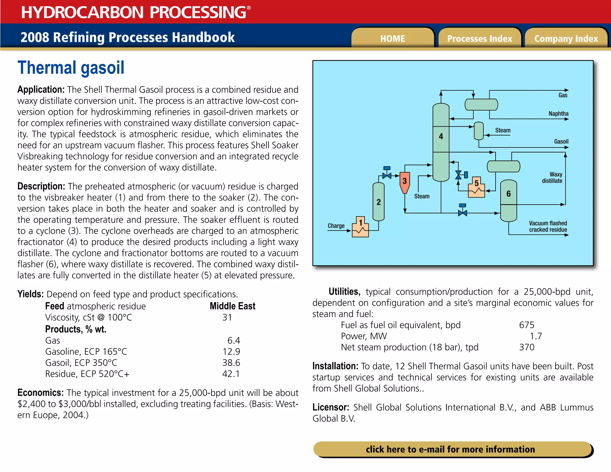 2008 Refining Processes Handbook Processes Index Company Index
HOME
HYDROCARBON PROCESSING
®
click here to e-mail for more information
Thermal gasoil
Application: The Shell Thermal Gasoil process is a combined residue and
waxy distillate conversion unit. The process is an attractive low-cost con-
version option for hydroskimming refineries in gasoil-driven markets or
for complex refineries with constrained waxy distillate conversion capac-
ity. The typical feedstock is atmospheric residue, which eliminates the
need for an upstream vacuum flasher. This process features Shell Soaker
Visbreaking technology for residue conversion and an integrated recycle
heater system for the conversion of waxy distillate.
Description: The preheated atmospheric (or vacuum) residue is charged
to the visbreaker heater (1) and from there to the soaker (2). The con-
version takes place in both the heater and soaker and is controlled by
the operating temperature and pressure. The soaker effluent is routed
to a cyclone (3). The cyclone overheads are charged to an atmospheric
fractionator (4) to produce the desired products including a light waxy
distillate. The cyclone and fractionator bottoms are routed to a vacuum
flasher (6), where waxy distillate is recovered. The combined waxy distil-
lates are fully converted in the distillate heater (5) at elevated pressure.
Yields: Depend on feed type and product specifications.
Feed atmospheric residue Middle East
Viscosity, cSt @ 100°C 31
Products, % wt.
Gas 6.4
Gasoline, ECP 165°C 12.9
Gasoil, ECP 350°C 38.6
Residue, ECP 520°C+ 42.1
Economics: The typical investment for a 25,000-bpd unit will be about
$2,400 to $3,000/bbl installed, excluding treating facilities. (Basis: West-
ern Euope, 2004.)
Utilities, typical consumption/production for a 25,000-bpd unit,
dependent on configuration and a site’s marginal economic values for
steam and fuel:
Fuel as fuel oil equivalent, bpd 675
Power, MW 1.7
Net steam production (18 bar), tpd 370
Installation: To date, 12 Shell Thermal Gasoil units have been built. Post
startup services and technical services for existing units are available
from Shell Global Solutions..
Licensor: Shell Global Solutions International B.V., and ABB Lummus
Global B.V.
Charge
Naphtha
Gasoil
Waxy
distillate
Vacuum flashed
cracked residue
Gas
Steam
Steam 6
5
4
2
1
3
 