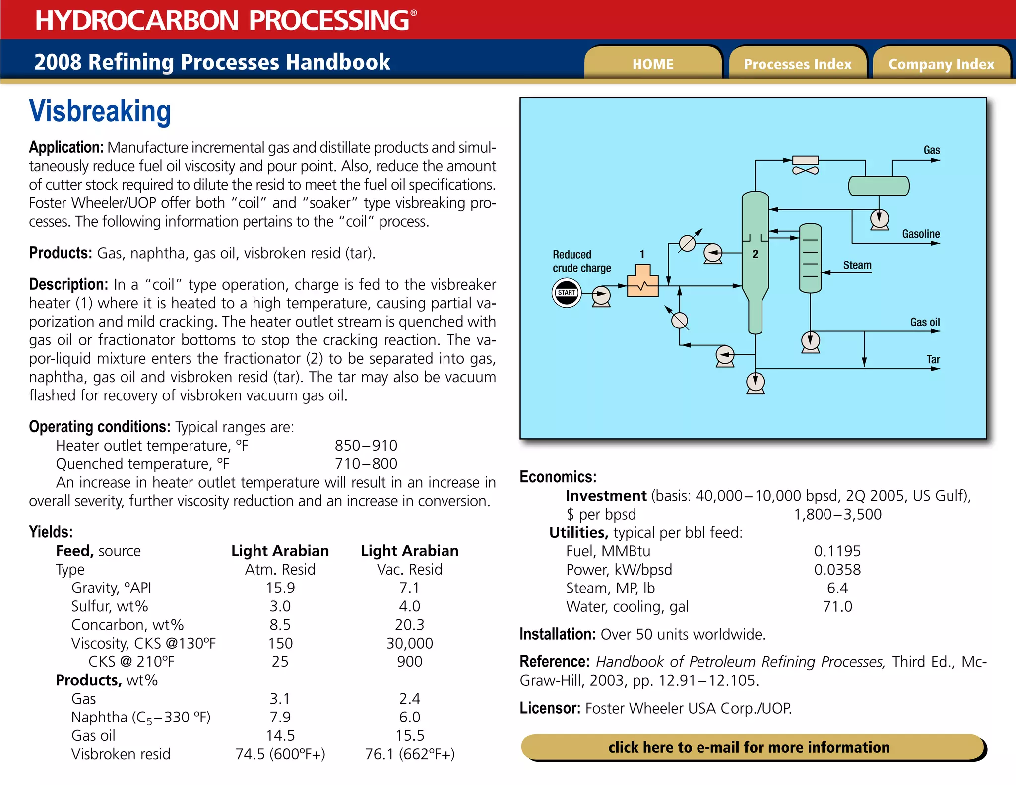 2008 Refining Processes Handbook Processes Index Company Index
HOME
HYDROCARBON PROCESSING
®
click here to e-mail for more information
Visbreaking
Application: Manufacture incremental gas and distillate products and simul-
taneously reduce fuel oil viscosity and pour point. Also, reduce the amount
of cutter stock required to dilute the resid to meet the fuel oil specifications.
Foster Wheeler/UOP offer both “coil” and “soaker” type visbreaking pro-
cesses. The following information pertains to the “coil” process.
Products: Gas, naphtha, gas oil, visbroken resid (tar).
Description: In a “coil” type operation, charge is fed to the visbreaker
heater (1) where it is heated to a high temperature, causing partial va-
porization and mild cracking. The heater outlet stream is quenched with
gas oil or fractionator bottoms to stop the cracking reaction. The va-
por-liquid mixture enters the fractionator (2) to be separated into gas,
naphtha, gas oil and visbroken resid (tar). The tar may also be vacuum
flashed for recovery of visbroken vacuum gas oil.
Operating conditions: Typical ranges are:
Heater outlet temperature, ºF 850–910
Quenched temperature, ºF 710–800
An increase in heater outlet temperature will result in an increase in
overall severity, further viscosity reduction and an increase in conversion.
Yields:
Feed, source Light Arabian Light Arabian
Type Atm. Resid Vac. Resid
Gravity, ºAPI 15.9 7.1
Sulfur, wt% 3.0 4.0
Concarbon, wt% 8.5 20.3
Viscosity, CKS @130ºF 150 30,000
CKS @ 210ºF 25 900
Products, wt%
Gas 3.1 2.4
Naphtha (C5 –330 ºF) 7.9 6.0
Gas oil 14.5 15.5
Visbroken resid 74.5 (600ºF+) 76.1 (662ºF+)
Economics:
Investment (basis: 40,000–10,000 bpsd, 2Q 2005, US Gulf),
$ per bpsd 1,800–3,500
Utilities, typical per bbl feed:
Fuel, MMBtu 0.1195
Power, kW/bpsd 0.0358
Steam, MP, lb 6.4
Water, cooling, gal 71.0
Installation: Over 50 units worldwide.
Reference: Handbook of Petroleum Refining Processes, Third Ed., Mc-
Graw-Hill, 2003, pp. 12.91–12.105.
Licensor: Foster Wheeler USA Corp./UOP.
4535
3FEVDFE
DSVEFDIBSHF
(BT
(BTPMJOF
(BTPJM
5BS
4UFBN


 
