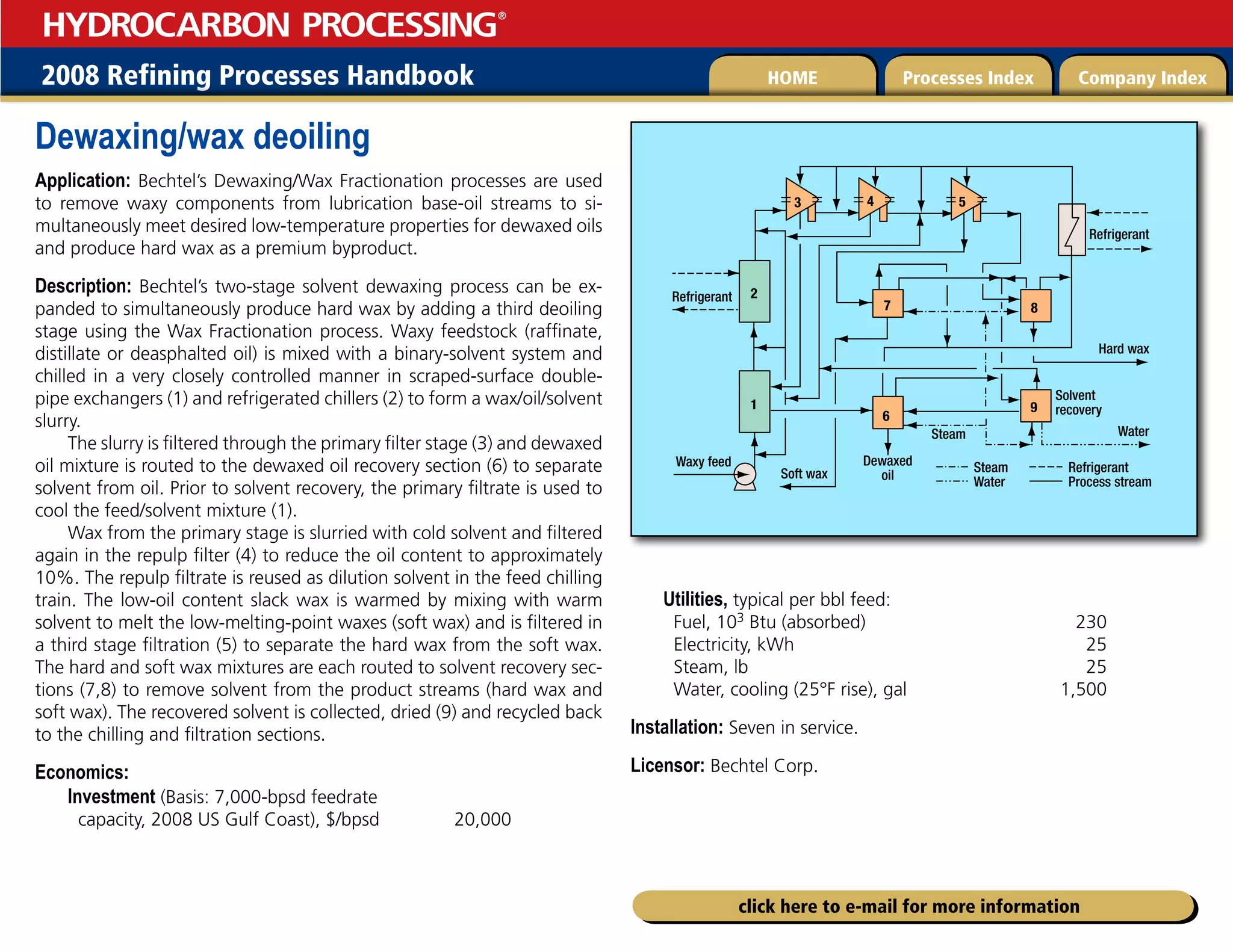 2008 Refining Processes Handbook Processes Index Company Index
HOME
HYDROCARBON PROCESSING
®
click here to e-mail for more information
Dewaxing/wax deoiling
Application: Bechtel’s Dewaxing/Wax Fractionation processes are used
to remove waxy components from lubrication base-oil streams to si-
multaneously meet desired low-temperature properties for dewaxed oils
and produce hard wax as a premium byproduct.
Description: Bechtel’s two-stage solvent dewaxing process can be ex-
panded to simultaneously produce hard wax by adding a third deoiling
stage using the Wax Fractionation process. Waxy feedstock (raffinate,
distillate or deasphalted oil) is mixed with a binary-solvent system and
chilled in a very closely controlled manner in scraped-surface double-
pipe exchangers (1) and refrigerated chillers (2) to form a wax/oil/solvent
slurry.
The slurry is filtered through the primary filter stage (3) and dewaxed
oil mixture is routed to the dewaxed oil recovery section (6) to separate
solvent from oil. Prior to solvent recovery, the primary filtrate is used to
cool the feed/solvent mixture (1).
Wax from the primary stage is slurried with cold solvent and filtered
again in the repulp filter (4) to reduce the oil content to approximately
10%. The repulp filtrate is reused as dilution solvent in the feed chilling
train. The low-oil content slack wax is warmed by mixing with warm
solvent to melt the low-melting-point waxes (soft wax) and is filtered in
a third stage filtration (5) to separate the hard wax from the soft wax.
The hard and soft wax mixtures are each routed to solvent recovery sec-
tions (7,8) to remove solvent from the product streams (hard wax and
soft wax). The recovered solvent is collected, dried (9) and recycled back
to the chilling and filtration sections.
Economics:
Investment (Basis: 7,000-bpsd feedrate
capacity, 2008 US Gulf Coast), $/bpsd 20,000
Utilities, typical per bbl feed:
Fuel, 103 Btu (absorbed) 230
Electricity, kWh 25
Steam, lb 25
Water, cooling (25°F rise), gal 1,500
Installation: Seven in service.
Licensor: Bechtel Corp.
Refrigerant
Hard wax
Water
Dewaxed
oil
Steam
Soft wax
Waxy feed Steam
Water
Refrigerant
Process stream
Solvent
recovery
3
2
1
6
7 8
5
4
Refrigerant
9
 