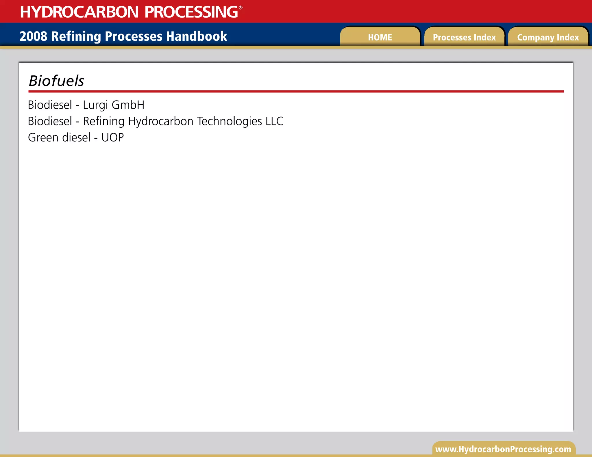 www.HydrocarbonProcessing.com
Biodiesel - Lurgi GmbH
Biodiesel - Refining Hydrocarbon Technologies LLC
Green diesel - UOP
Biofuels
2008 Refining Processes Handbook Processes Index Company Index
HOME
HYDROCARBON PROCESSING
®
 