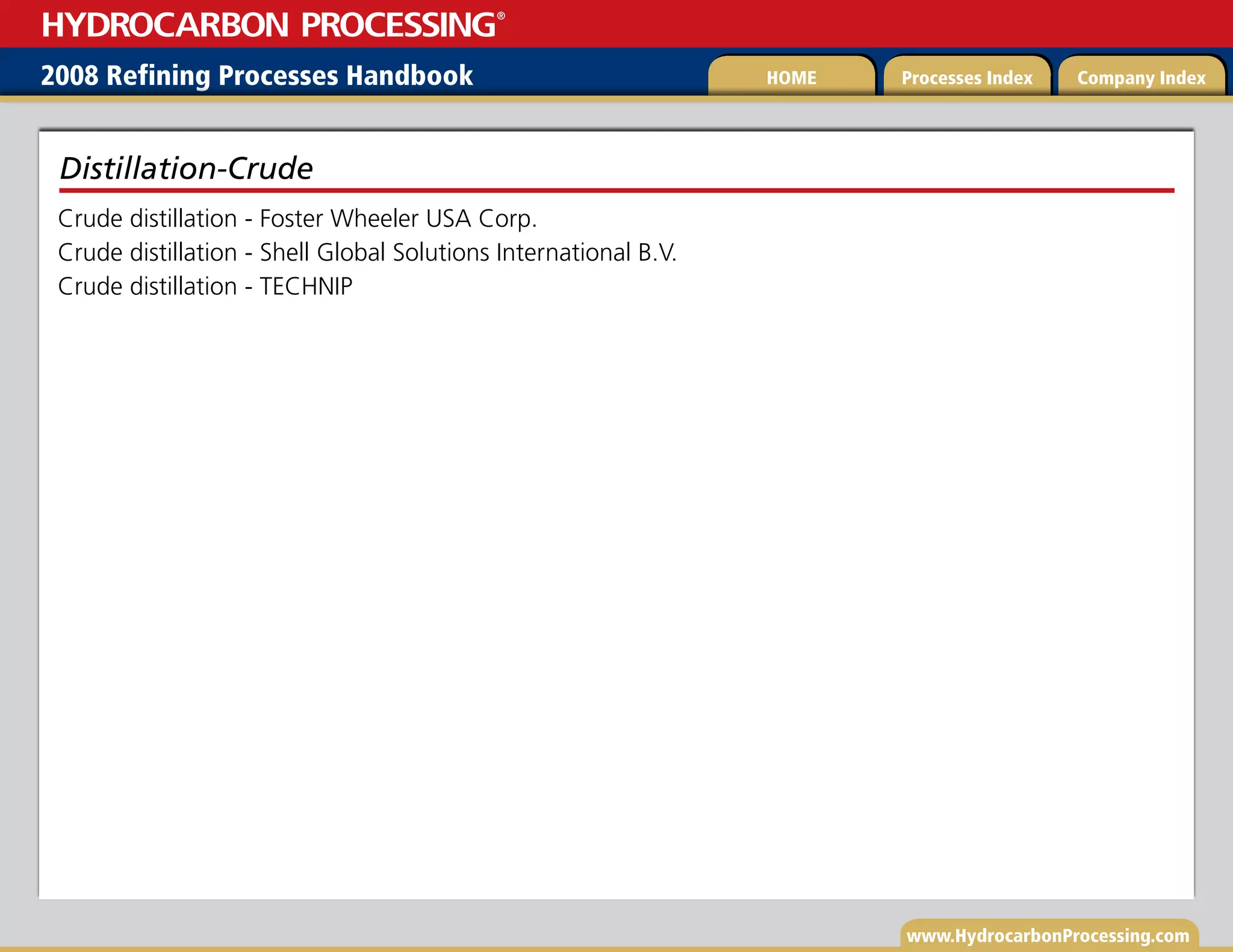 www.HydrocarbonProcessing.com
Crude distillation - Foster Wheeler USA Corp.
Crude distillation - Shell Global Solutions International B.V.
Crude distillation - TECHNIP
Distillation-Crude
2008 Refining Processes Handbook Processes Index Company Index
HOME
HYDROCARBON PROCESSING
®
 