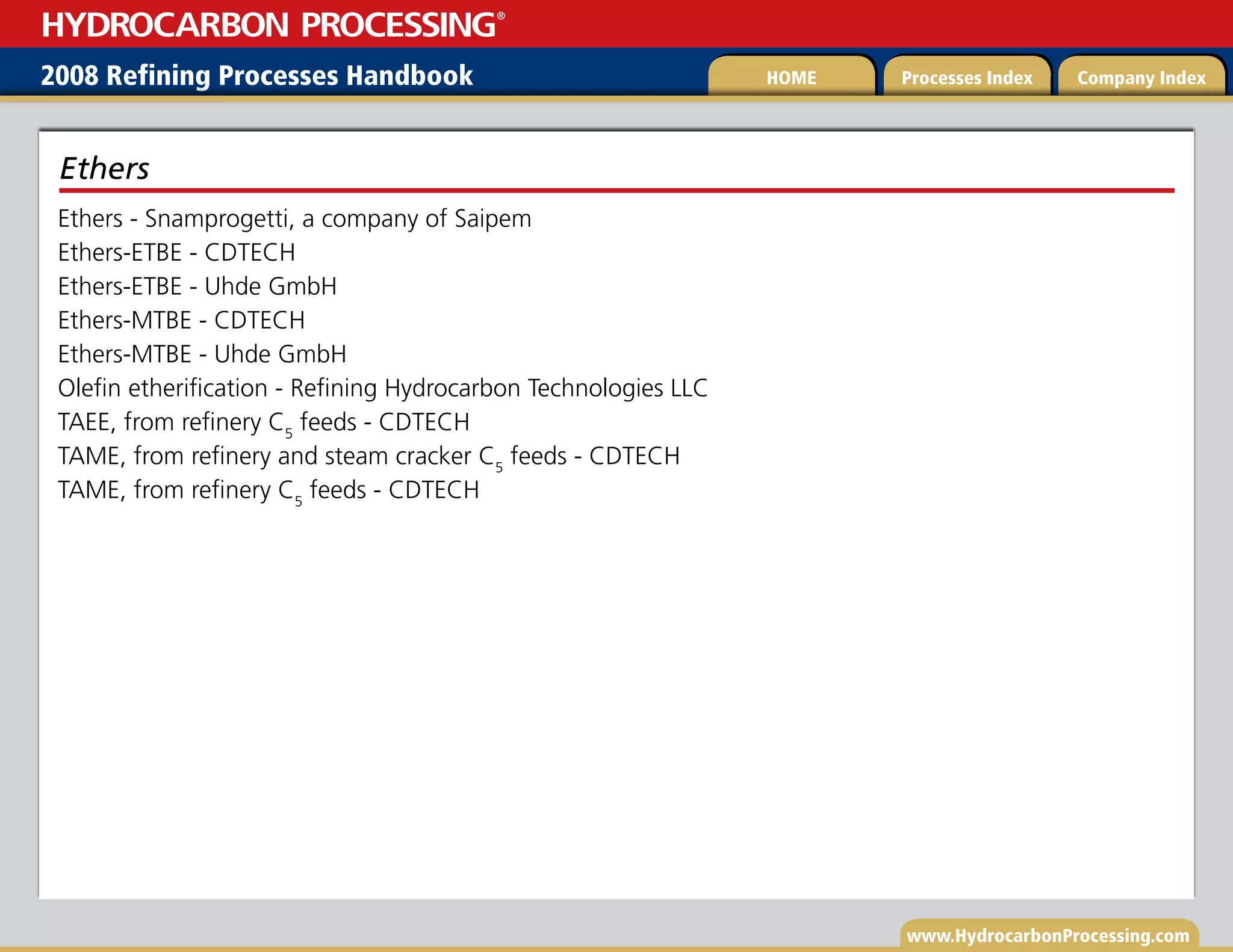 www.HydrocarbonProcessing.com
Ethers - Snamprogetti, a company of Saipem
Ethers-ETBE - CDTECH
Ethers-ETBE - Uhde GmbH
Ethers-MTBE - CDTECH
Ethers-MTBE - Uhde GmbH
Olefin etherification - Refining Hydrocarbon Technologies LLC
TAEE, from refinery C5
feeds - CDTECH
TAME, from refinery and steam cracker C5
feeds - CDTECH
TAME, from refinery C5
feeds - CDTECH
Ethers
2008 Refining Processes Handbook Processes Index Company Index
HOME
HYDROCARBON PROCESSING
®
 