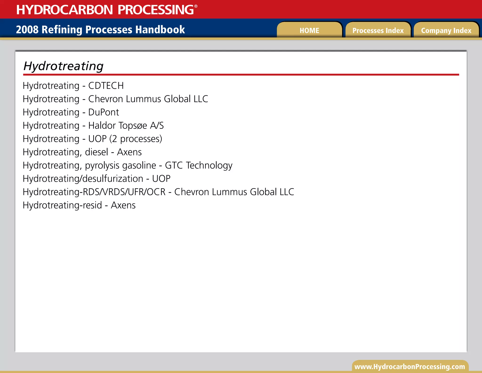 www.HydrocarbonProcessing.com
Hydrotreating - CDTECH
Hydrotreating - Chevron Lummus Global LLC
Hydrotreating - DuPont
Hydrotreating - Haldor Topsøe A/S
Hydrotreating - UOP (2 processes)
Hydrotreating, diesel - Axens
Hydrotreating, pyrolysis gasoline - GTC Technology
Hydrotreating/desulfurization - UOP
Hydrotreating-RDS/VRDS/UFR/OCR - Chevron Lummus Global LLC
Hydrotreating-resid - Axens
Hydrotreating
2008 Refining Processes Handbook Processes Index Company Index
HOME
HYDROCARBON PROCESSING
®
 