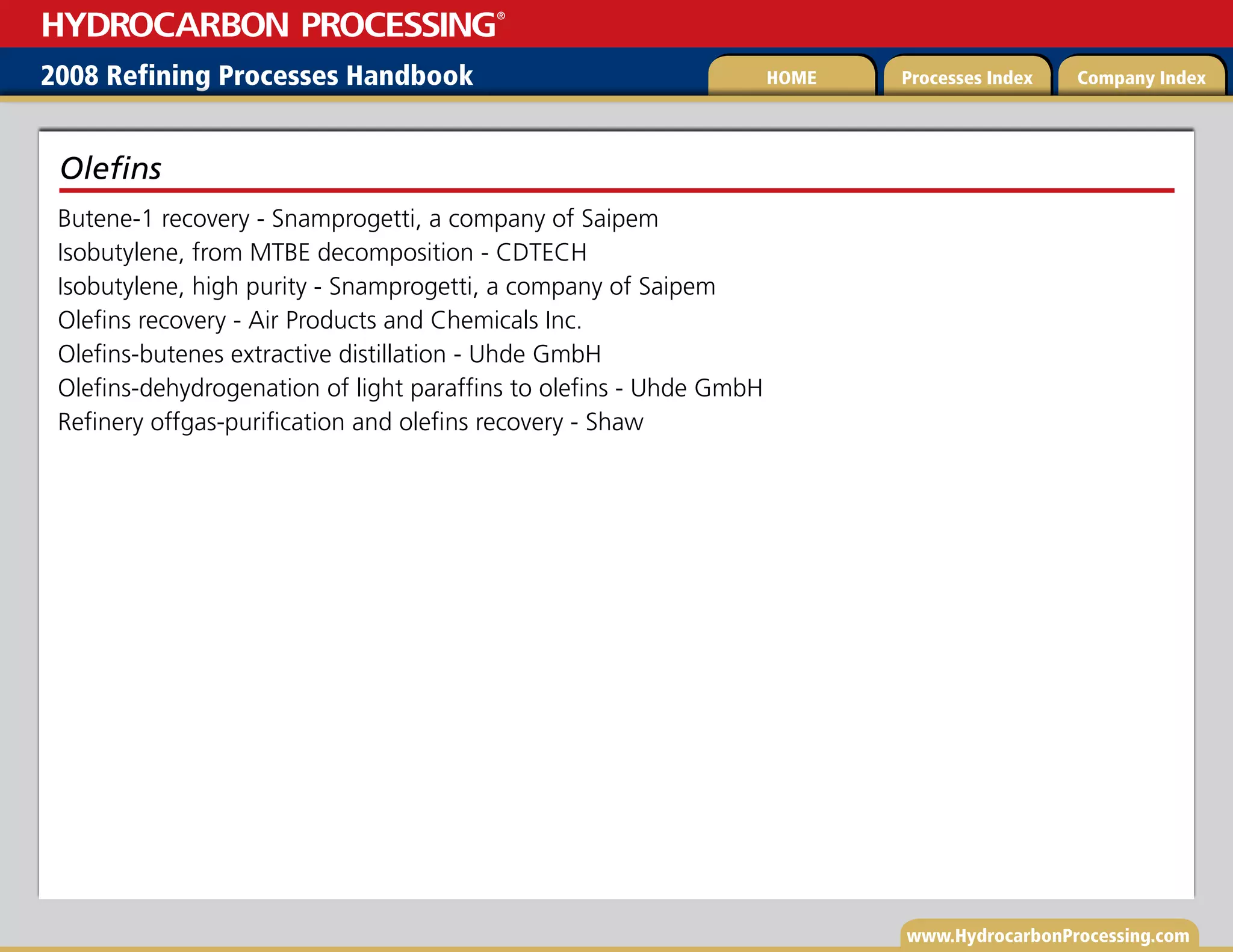 www.HydrocarbonProcessing.com
Butene-1 recovery - Snamprogetti, a company of Saipem
Isobutylene, from MTBE decomposition - CDTECH
Isobutylene, high purity - Snamprogetti, a company of Saipem
Olefins recovery - Air Products and Chemicals Inc.
Olefins-butenes extractive distillation - Uhde GmbH
Olefins-dehydrogenation of light paraffins to olefins - Uhde GmbH
Refinery offgas-purification and olefins recovery - Shaw
Olefins
2008 Refining Processes Handbook Processes Index Company Index
HOME
HYDROCARBON PROCESSING
®
 