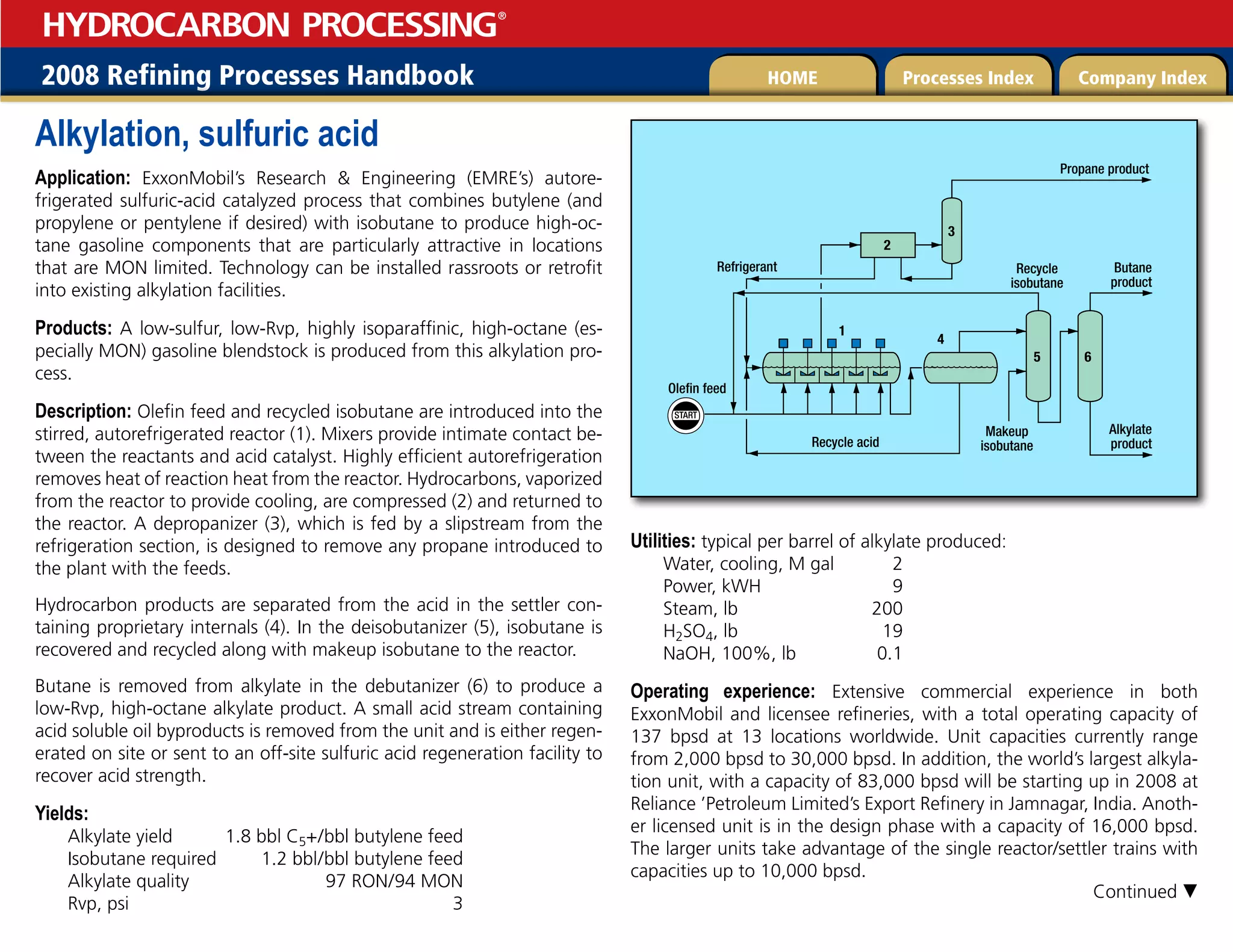 2008 Refining Processes Handbook Processes Index Company Index
HOME
HYDROCARBON PROCESSING
®
Alkylation, sulfuric acid
Application: ExxonMobil’s Research  Engineering (EMRE’s) autore-
frigerated sulfuric-acid catalyzed process that combines butylene (and
propylene or pentylene if desired) with isobutane to produce high-oc-
tane gasoline components that are particularly attractive in locations
that are MON limited. Technology can be installed rassroots or retrofit
into existing alkylation facilities.
Products: A low-sulfur, low-Rvp, highly isoparaffinic, high-octane (es-
pecially MON) gasoline blendstock is produced from this alkylation pro-
cess.
Description: Olefin feed and recycled isobutane are introduced into the
stirred, autorefrigerated reactor (1). Mixers provide intimate contact be-
tween the reactants and acid catalyst. Highly efficient autorefrigeration
removes heat of reaction heat from the reactor. Hydrocarbons, vaporized
from the reactor to provide cooling, are compressed (2) and returned to
the reactor. A depropanizer (3), which is fed by a slipstream from the
refrigeration section, is designed to remove any propane introduced to
the plant with the feeds.
Hydrocarbon products are separated from the acid in the settler con-
taining proprietary internals (4). In the deisobutanizer (5), isobutane is
recovered and recycled along with makeup isobutane to the reactor.
Butane is removed from alkylate in the debutanizer (6) to produce a
low-Rvp, high-octane alkylate product. A small acid stream containing
acid soluble oil byproducts is removed from the unit and is either regen-
erated on site or sent to an off-site sulfuric acid regeneration facility to
recover acid strength.
Yields:
Alkylate yield 1.8 bbl C5+/bbl butylene feed
Isobutane required 1.2 bbl/bbl butylene feed
Alkylate quality 97 RON/94 MON
Rvp, psi 3
Utilities: typical per barrel of alkylate produced:
Water, cooling, M gal 2
Power, kWH 9
Steam, lb 200
H2SO4, lb 19
NaOH, 100%, lb 0.1
Operating experience: Extensive commercial experience in both
ExxonMobil and licensee refineries, with a total operating capacity of
137 bpsd at 13 locations worldwide. Unit capacities currently range
from 2,000 bpsd to 30,000 bpsd. In addition, the world’s largest alkyla-
tion unit, with a capacity of 83,000 bpsd will be starting up in 2008 at
Reliance ’Petroleum Limited’s Export Refinery in Jamnagar, India. Anoth-
er licensed unit is in the design phase with a capacity of 16,000 bpsd.
The larger units take advantage of the single reactor/settler trains with
capacities up to 10,000 bpsd.
START
Alkylate
product
Butane
product
Olefin feed
Recycle acid
Makeup
isobutane
Propane product
Recycle
isobutane
Refrigerant
1
4
5 6
3
2
Continued 
 
