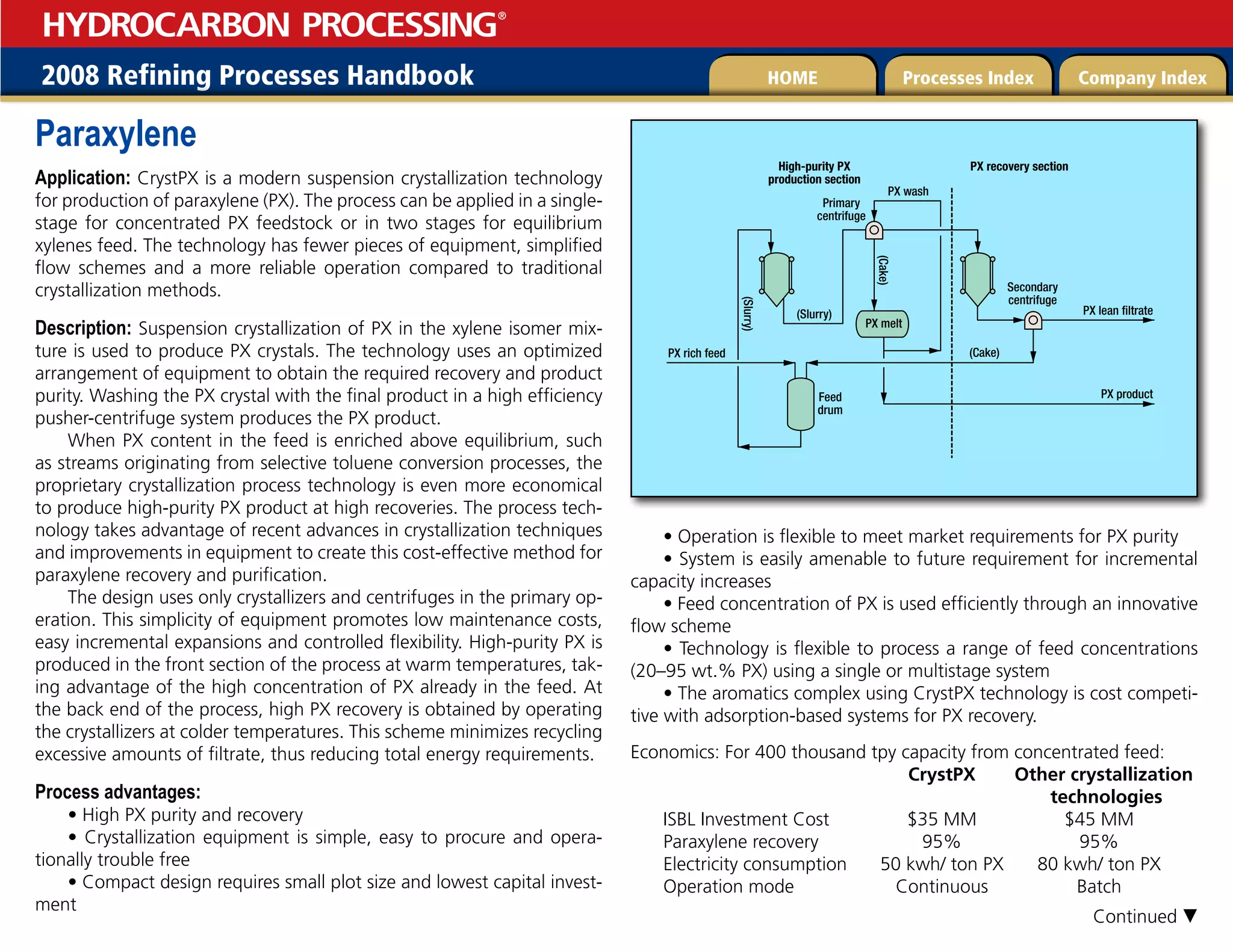 2008 Refining Processes Handbook Processes Index Company Index
HOME
HYDROCARBON PROCESSING
®
Paraxylene
Application: CrystPX is a modern suspension crystallization technology
for production of paraxylene (PX). The process can be applied in a single-
stage for concentrated PX feedstock or in two stages for equilibrium
xylenes feed. The technology has fewer pieces of equipment, simplified
flow schemes and a more reliable operation compared to traditional
crystallization methods.
Description: Suspension crystallization of PX in the xylene isomer mix-
ture is used to produce PX crystals. The technology uses an optimized
arrangement of equipment to obtain the required recovery and product
purity. Washing the PX crystal with the final product in a high efficiency
pusher-centrifuge system produces the PX product.
When PX content in the feed is enriched above equilibrium, such
as streams originating from selective toluene conversion processes, the
proprietary crystallization process technology is even more economical
to produce high-purity PX product at high recoveries. The process tech-
nology takes advantage of recent advances in crystallization techniques
and improvements in equipment to create this cost-effective method for
paraxylene recovery and purification.
The design uses only crystallizers and centrifuges in the primary op-
eration. This simplicity of equipment promotes low maintenance costs,
easy incremental expansions and controlled flexibility. High-purity PX is
produced in the front section of the process at warm temperatures, tak-
ing advantage of the high concentration of PX already in the feed. At
the back end of the process, high PX recovery is obtained by operating
the crystallizers at colder temperatures. This scheme minimizes recycling
excessive amounts of filtrate, thus reducing total energy requirements.
Process advantages:
• High PX purity and recovery
• Crystallization equipment is simple, easy to procure and opera-
tionally trouble free
• Compact design requires small plot size and lowest capital invest-
ment
• Operation is flexible to meet market requirements for PX purity
• System is easily amenable to future requirement for incremental
capacity increases
• Feed concentration of PX is used efficiently through an innovative
flow scheme
• Technology is flexible to process a range of feed concentrations
(20–95 wt.% PX) using a single or multistage system
• The aromatics complex using CrystPX technology is cost competi-
tive with adsorption-based systems for PX recovery.
Economics: For 400 thousand tpy capacity from concentrated feed:
CrystPX Other crystallization
		 technologies
ISBL Investment Cost $35 MM $45 MM
Paraxylene recovery 95% 95%
Electricity consumption 50 kwh/ ton PX 80 kwh/ ton PX
Operation mode Continuous Batch
PX rich feed
Secondary
centrifuge
Primary
centrifuge
PX wash
PX lean filtrate
PX product
PX recovery section
High-purity PX
production section
Feed
drum
PX melt
(Slurry)
(Cake)
(Cake)
(Slurry)
Continued 
 