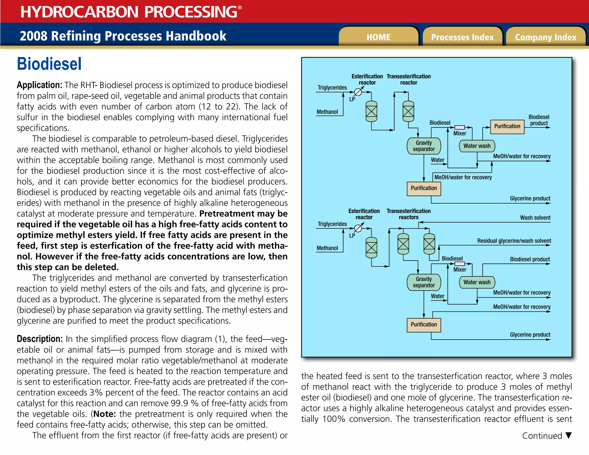 2008 Refining Processes Handbook Processes Index Company Index
HOME
HYDROCARBON PROCESSING
®
Biodiesel
Application: The RHT- Biodiesel process is optimized to produce biodiesel
from palm oil, rape-seed oil, vegetable and animal products that contain
fatty acids with even number of carbon atom (12 to 22). The lack of
sulfur in the biodiesel enables complying with many international fuel
specifications.
The biodiesel is comparable to petroleum-based diesel. Triglycerides
are reacted with methanol, ethanol or higher alcohols to yield biodiesel
within the acceptable boiling range. Methanol is most commonly used
for the biodiesel production since it is the most cost-effective of alco-
hols, and it can provide better economics for the biodiesel producers.
Biodiesel is produced by reacting vegetable oils and animal fats (triglyc-
erides) with methanol in the presence of highly alkaline heterogeneous
catalyst at moderate pressure and temperature. Pretreatment may be
required if the vegetable oil has a high free-fatty acids content to
optimize methyl esters yield. If free fatty acids are present in the
feed, first step is esterfication of the free-fatty acid with metha-
nol. However if the free-fatty acids concentrations are low, then
this step can be deleted.
The triglycerides and methanol are converted by transesterfication
reaction to yield methyl esters of the oils and fats, and glycerine is pro-
duced as a byproduct. The glycerine is separated from the methyl esters
(biodiesel) by phase separation via gravity settling. The methyl esters and
glycerine are purified to meet the product specifications.
Description: In the simplified process flow diagram (1), the feed—veg-
etable oil or animal fats—is pumped from storage and is mixed with
methanol in the required molar ratio vegetable/methanol at moderate
operating pressure. The feed is heated to the reaction temperature and
is sent to esterification reactor. Free-fatty acids are pretreated if the con-
centration exceeds 3% percent of the feed. The reactor contains an acid
catalyst for this reaction and can remove 99.9 % of free-fatty acids from
the vegetable oils. (Note: the pretreatment is only required when the
feed contains free-fatty acids; otherwise, this step can be omitted.
The effluent from the first reactor (if free-fatty acids are present) or
the heated feed is sent to the transesterfication reactor, where 3 moles
of methanol react with the triglyceride to produce 3 moles of methyl
ester oil (biodiesel) and one mole of glycerine. The transesterfication re-
actor uses a highly alkaline heterogeneous catalyst and provides essen-
tially 100% conversion. The transesterification reactor effluent is sent
Esterification
reactor
Transesterification
reactor
LP
Gravity
separator
Methanol
Biodiesel
Biodiesel
product
Water wash
Mixer
Water
Glycerine product
MeOH/water for recovery
MeOH/water for recovery
Purification
Purification
Esterification
reactor
Transesterification
reactors
Triglycerides
LP
Gravity
separator
Methanol
Biodiesel Biodiesel product
Water wash
Mixer
Water
Glycerine product
MeOH/water for recovery
MeOH/water for recovery
Purification
Triglycerides
Wash solvent
Residual glycerine/wash solvent
Continued 
 