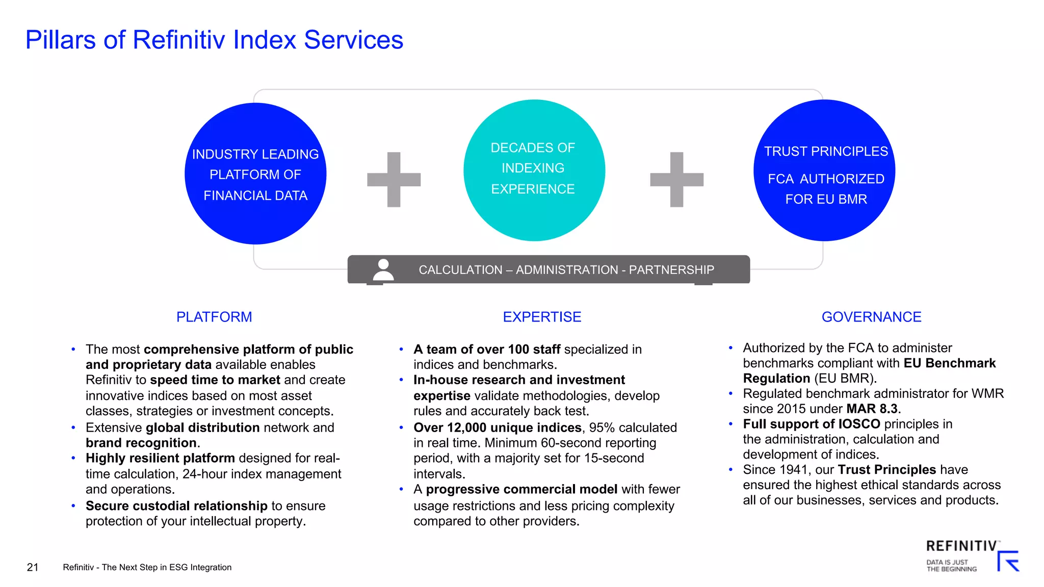 21
Pillars of Refinitiv Index Services
INDUSTRY LEADING
PLATFORM OF
FINANCIAL DATA
DECADES OF
INDEXING
EXPERIENCE
CALCULATION – ADMINISTRATION - PARTNERSHIP
TRUST PRINCIPLES
FCA AUTHORIZED
FOR EU BMR
GOVERNANCE
• Authorized by the FCA to administer
benchmarks compliant with EU Benchmark
Regulation (EU BMR).
• Regulated benchmark administrator for WMR
since 2015 under MAR 8.3.
• Full support of IOSCO principles in
the administration, calculation and
development of indices.
• Since 1941, our Trust Principles have
ensured the highest ethical standards across
all of our businesses, services and products.
EXPERTISE
• A team of over 100 staff specialized in
indices and benchmarks.
• In-house research and investment
expertise validate methodologies, develop
rules and accurately back test.
• Over 12,000 unique indices, 95% calculated
in real time. Minimum 60-second reporting
period, with a majority set for 15-second
intervals.
• A progressive commercial model with fewer
usage restrictions and less pricing complexity
compared to other providers.
PLATFORM
• The most comprehensive platform of public
and proprietary data available enables
Refinitiv to speed time to market and create
innovative indices based on most asset
classes, strategies or investment concepts.
• Extensive global distribution network and
brand recognition.
• Highly resilient platform designed for real-
time calculation, 24-hour index management
and operations.
• Secure custodial relationship to ensure
protection of your intellectual property.
Refinitiv - The Next Step in ESG Integration
 