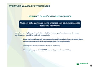 ESTRATÉGIA NA ÁREA DE PETROQUÍMICA



                      SEGMENTO DE NEGÓCIOS DE PETROQUÍMICA

          Atuar em petroquímica de forma integrada com os demais negócios
                              do Sistema PETROBRAS


     Ampliar a produção de petroquímicos e de biopolímeros preferencialmente através de
     participações societárias no Brasil e no exterior

           •   Atuar, de forma integrada com os demais negócios da Petrobras, na produção de
               petroquímicos básicos e de segunda geração e de biopolímeros;

           •   Privilegiar o desenvolvimento de ativos no Brasil;

           •   Desenvolver o projeto COMPERJ buscando parcerias societárias;




                                                                                               46
 