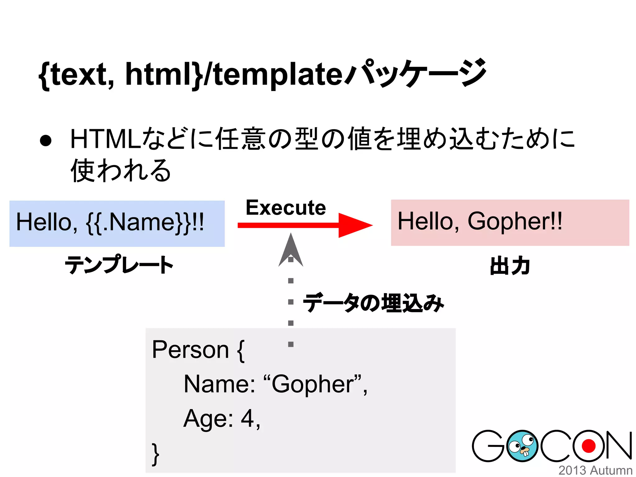 {text, html}/templateパッケージ
● HTMLなどに任意の型の値を埋め込むために
使われる
Hello, {{.Name}}!!

Execute

Hello, Gopher!!

テンプレート

出力
データの埋込み

Person {
Name: “Gopher”,
Age: 4,
}

 