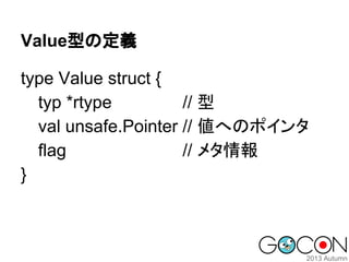 Value型の定義
type Value struct {
typ *rtype
// 型
val unsafe.Pointer // 値へのポインタ
flag
// メタ情報
}

 