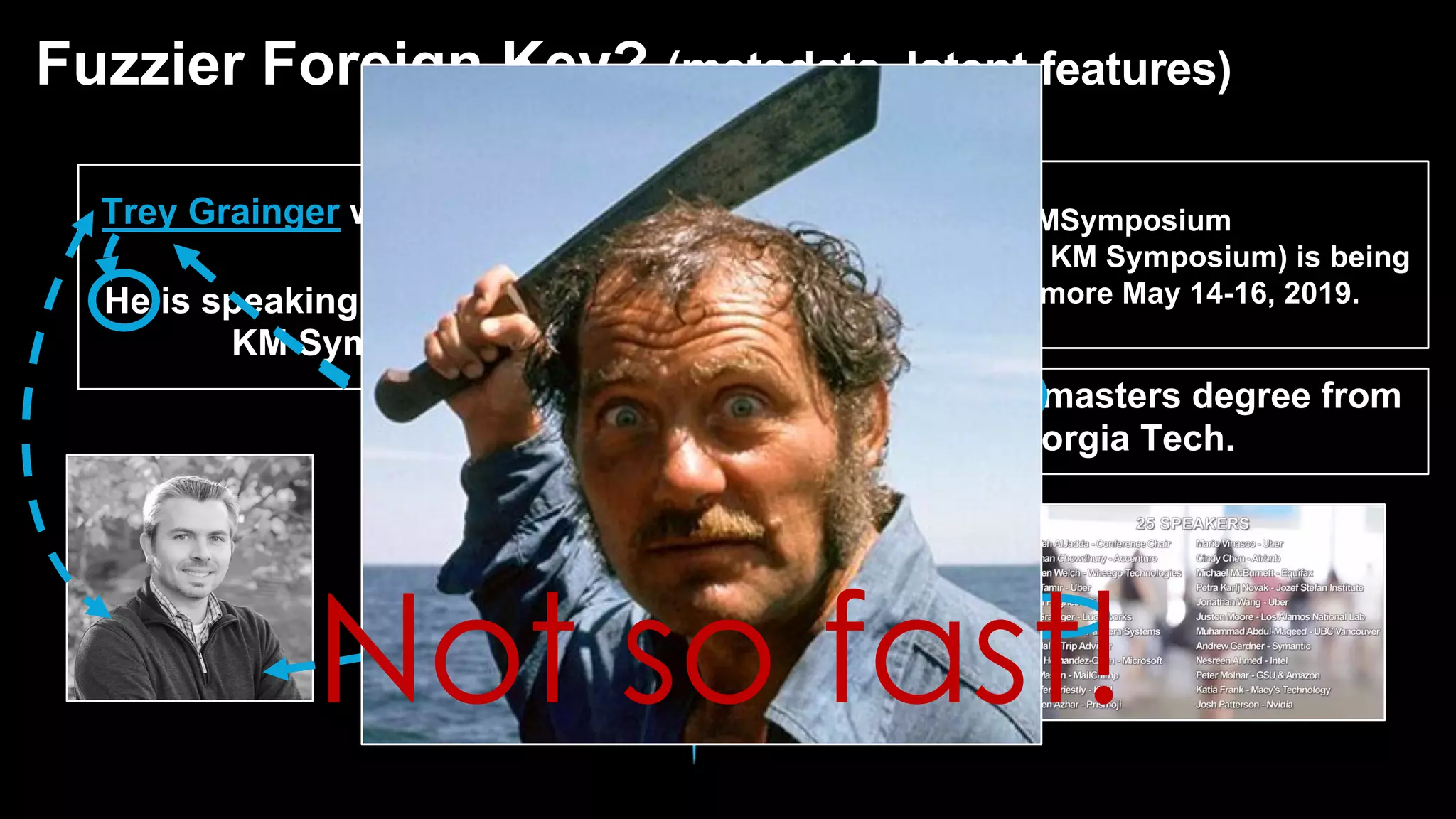 Trey Grainger works for Lucidworks.
He is speaking at the DOD & Federal
KM Symposium 2019.
#KMSymposium
(DOD & Federal KM Symposium) is being
held in Baltimore May 14-16, 2019.
Trey got his masters degree from
Georgia Tech.
Trey’s Voicemail
Fuzzier Foreign Key? (metadata, latent features)
Not so fast!
 