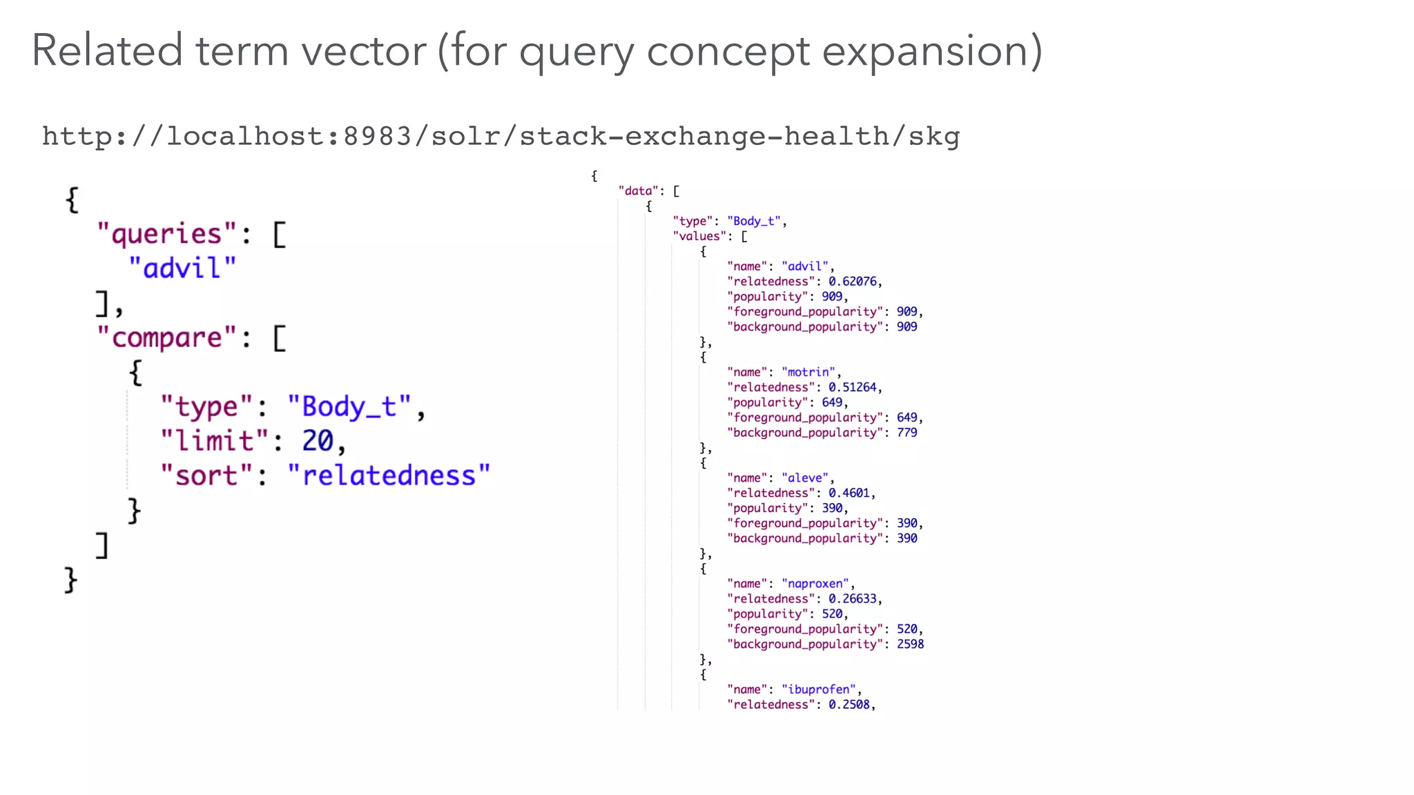 Related term vector (for query concept expansion)
http://localhost:8983/solr/stack-exchange-health/skg
 