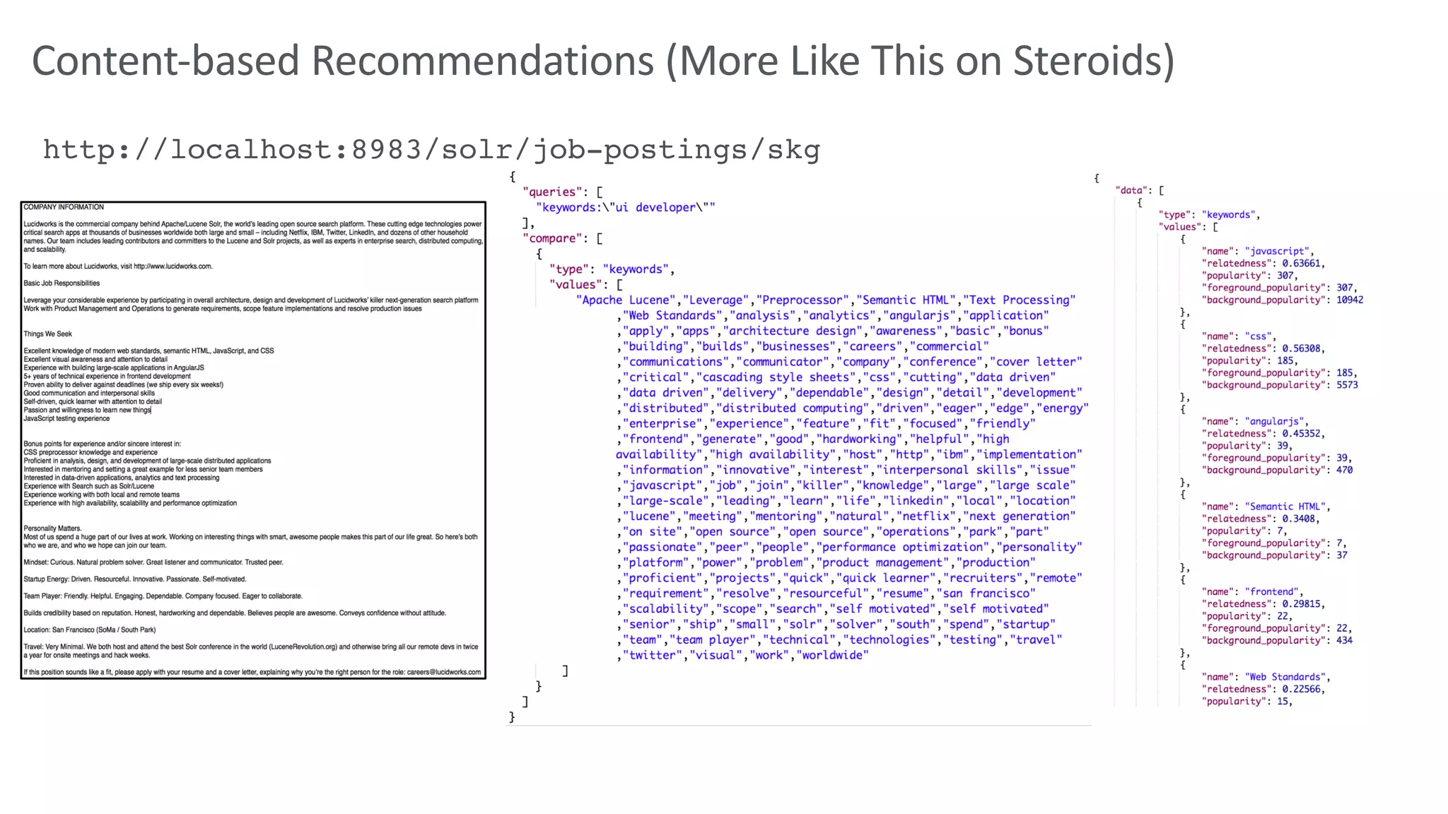 Content-based Recommendations (More Like This on Steroids)
http://localhost:8983/solr/job-postings/skg
 