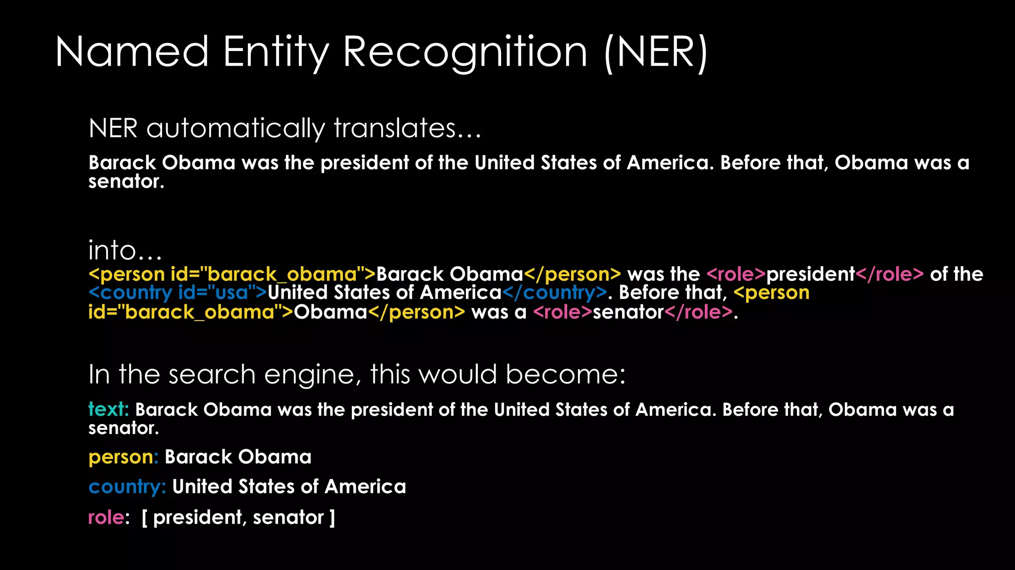 NER automatically translates…
Barack Obama was the president of the United States of America. Before that, Obama was a
senator.
into…
<person id="barack_obama">Barack Obama</person> was the <role>president</role> of the
<country id="usa">United States of America</country>. Before that, <person
id="barack_obama">Obama</person> was a <role>senator</role>.
In the search engine, this would become:
text: Barack Obama was the president of the United States of America. Before that, Obama was a
senator.
person: Barack Obama
country: United States of America
role: [ president, senator ]
Named Entity Recognition (NER)
 