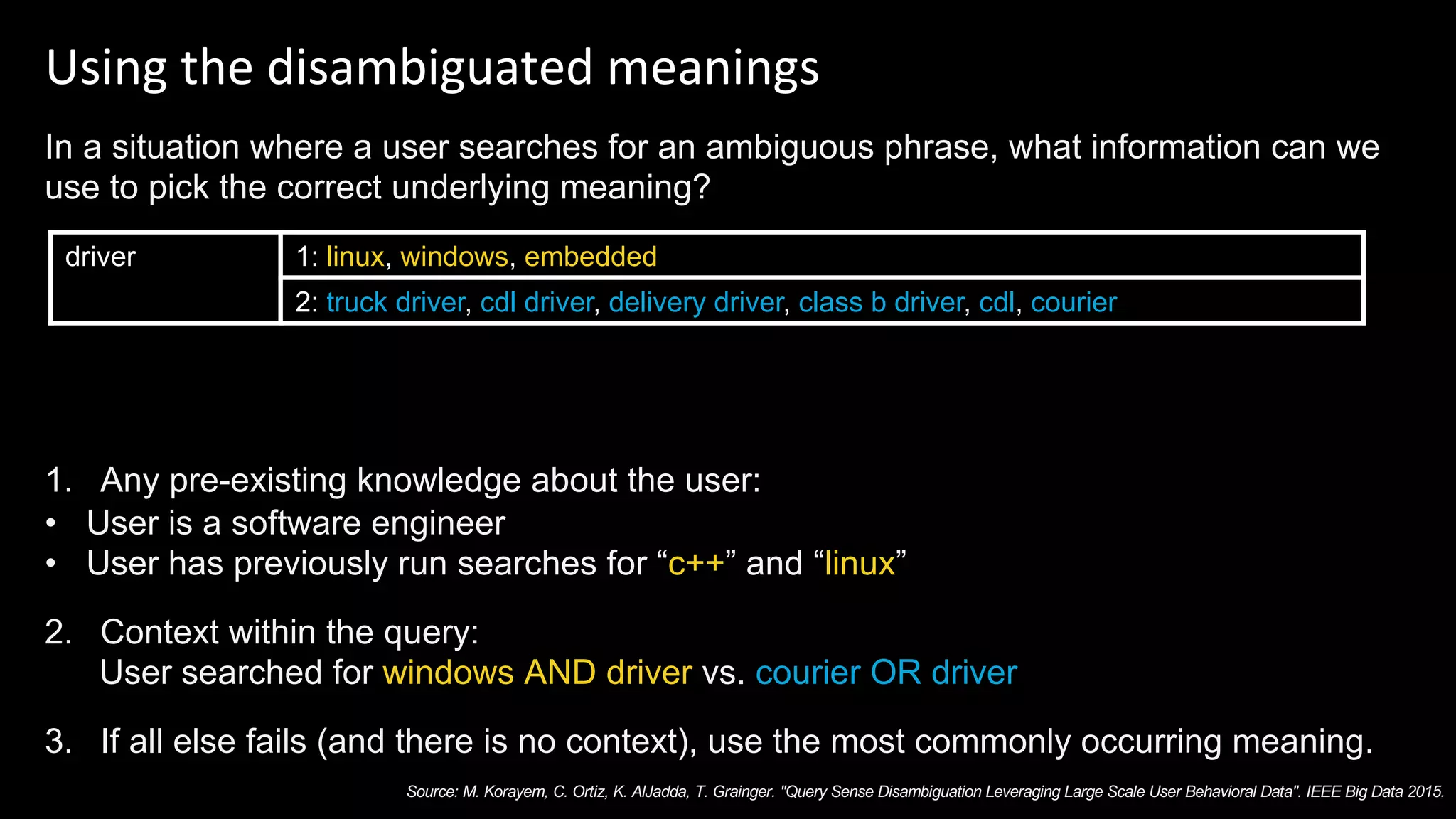 Using the disambiguated meanings
In a situation where a user searches for an ambiguous phrase, what information can we
use to pick the correct underlying meaning?
1. Any pre-existing knowledge about the user:
• User is a software engineer
• User has previously run searches for “c++” and “linux”
2. Context within the query:
User searched for windows AND driver vs. courier OR driver
3. If all else fails (and there is no context), use the most commonly occurring meaning.
driver 1: linux, windows, embedded
2: truck driver, cdl driver, delivery driver, class b driver, cdl, courier
Source: M. Korayem, C. Ortiz, K. AlJadda, T. Grainger. "Query Sense Disambiguation Leveraging Large Scale User Behavioral Data". IEEE Big Data 2015.
 