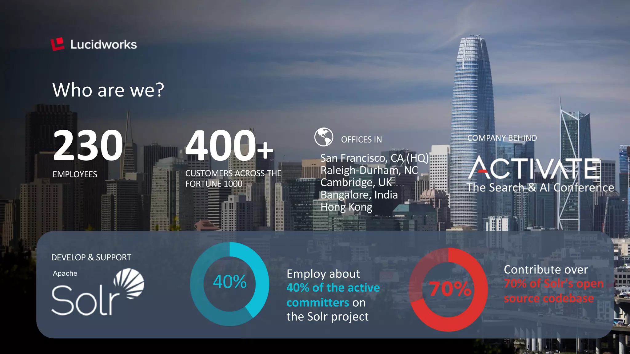 The Search & AI Conference
COMPANY BEHIND
Who are we?
230 CUSTOMERS ACROSS THE
FORTUNE 1000
400+EMPLOYEES
OFFICES IN
San Francisco, CA (HQ)
Raleigh-Durham, NC
Cambridge, UK
Bangalore, India
Hong Kong
Employ about
40% of the active
committers on
the Solr project
40%
Contribute over
70% of Solr's open
source codebase70%
DEVELOP & SUPPORT
Apache
 